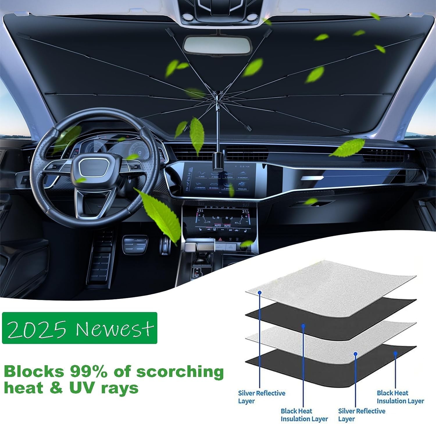 2025 Universal 100% Blackout Windshield Sun Shade for Ultimate UV Protection