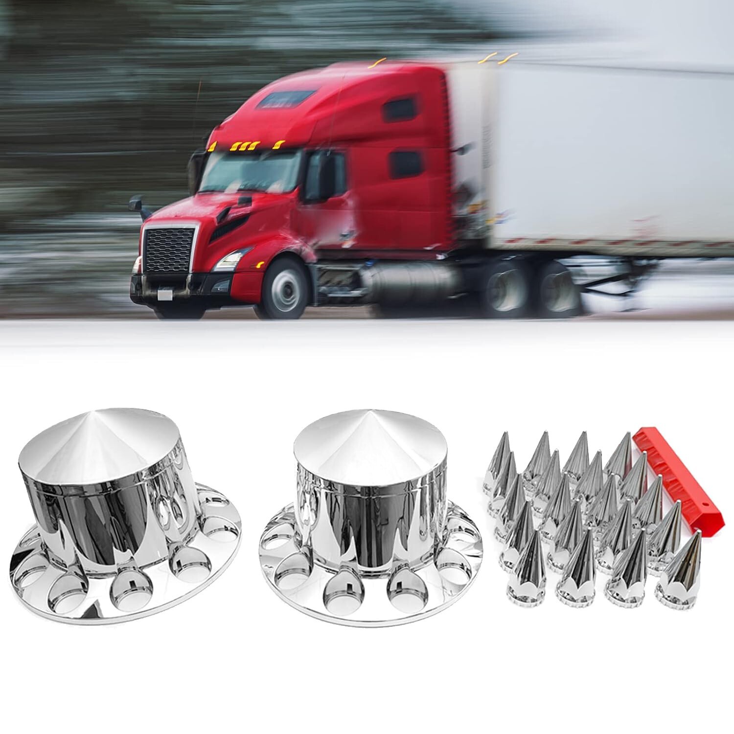 Chrome Rear Axle Wheel Cover w/ 33mm Spiked Lug Nut Cover for Semi Truck Hubcaps