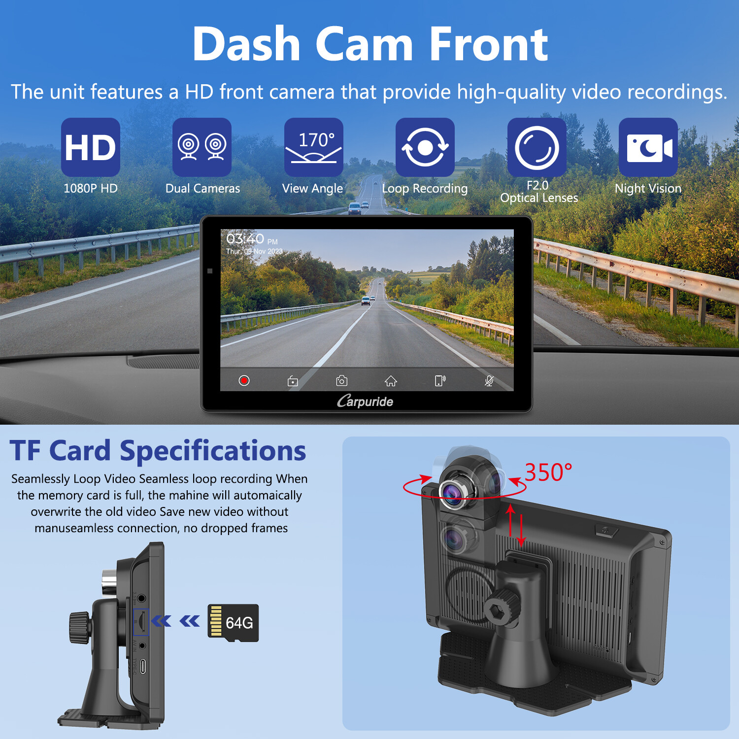 Carpuride W703 Wireless Carplay Android Auto 4K Front Camera Super Link Stereo