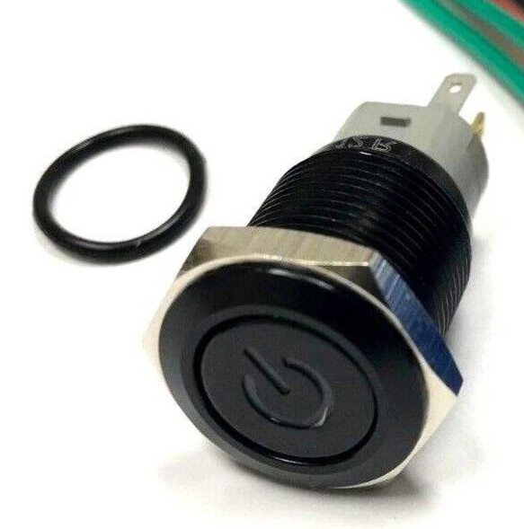 Black 16mm 12V BLUE Power symbol LED on/off Push button switch