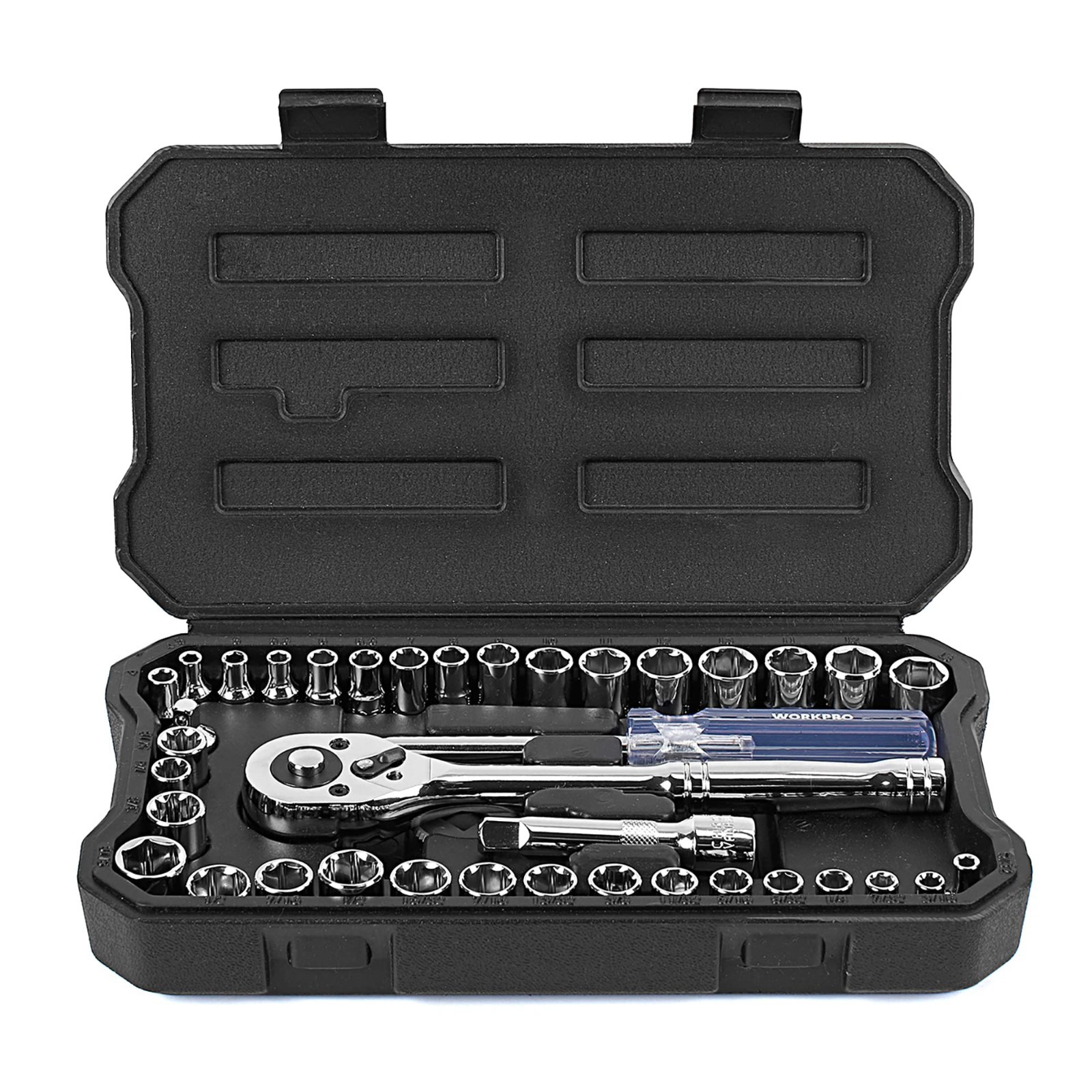 39-Piece Drive Socket Set 1/4” & 3/8”, Metric & SAE Sockets, Quick-Release Rat