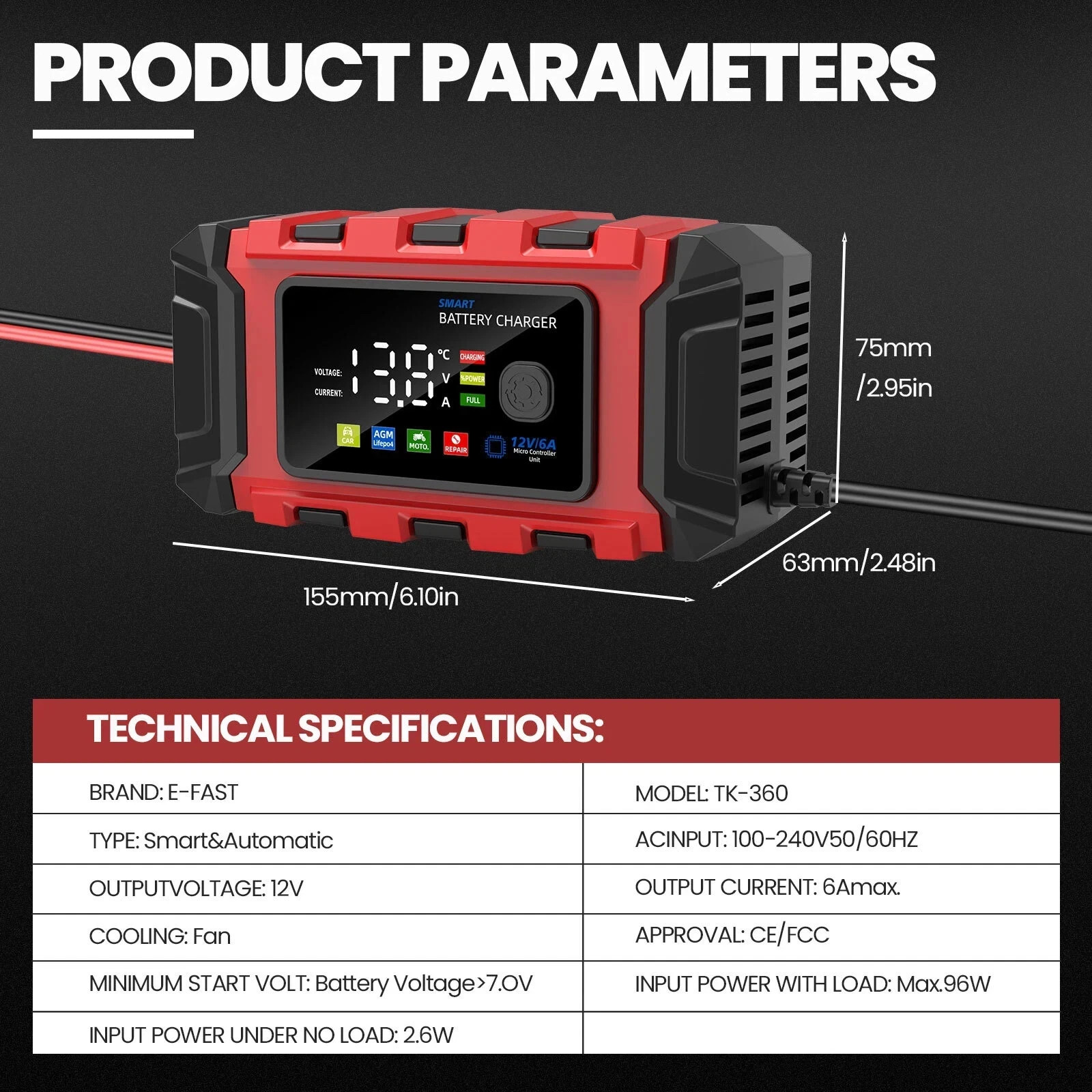 Car Battery Charger Heavy Duty 12V Smart Automatic Intelligent Pulse Repair