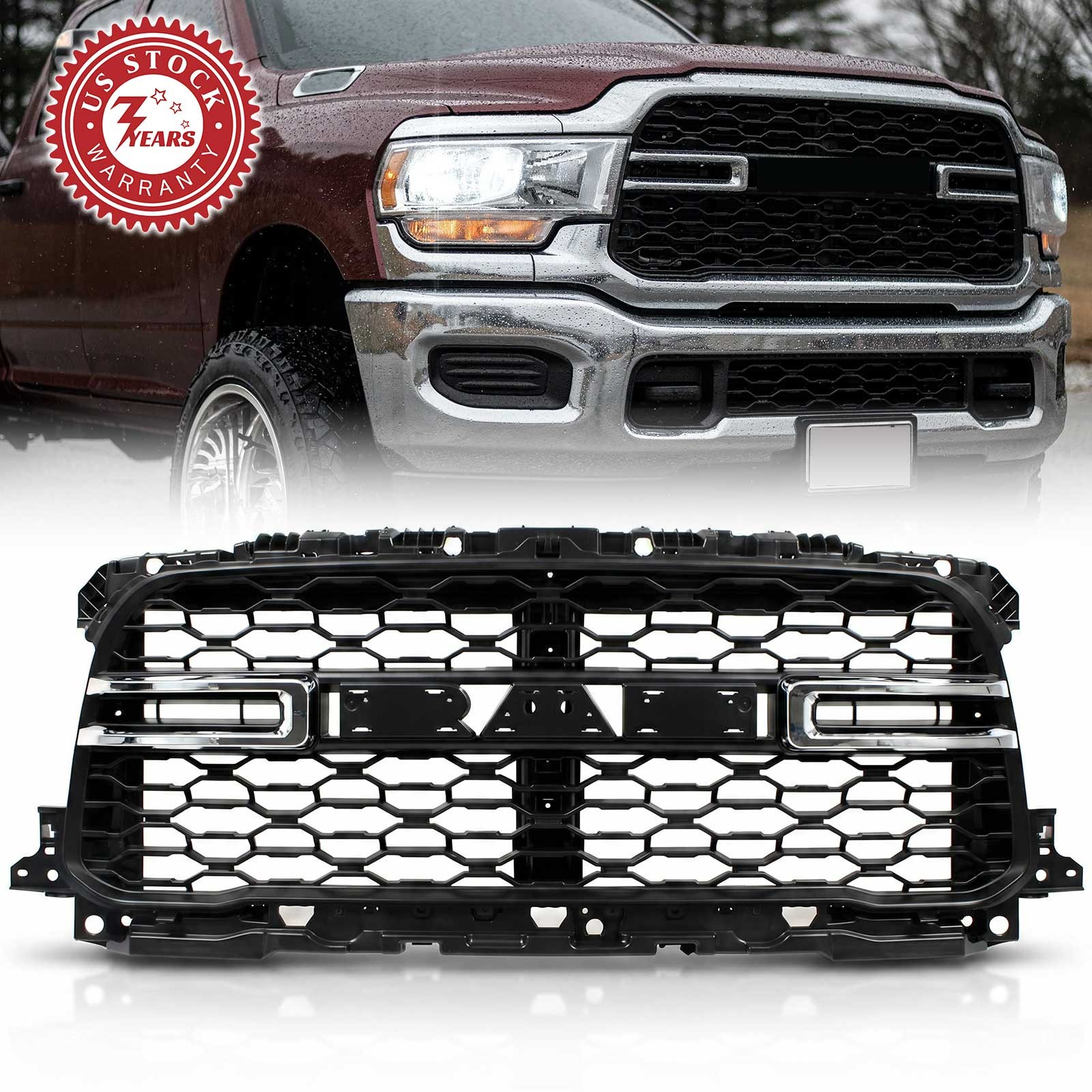For 2019-2023 2024 Ram 2500 3500 Matte Black W/ Chrome Trim Front Bumper Grille