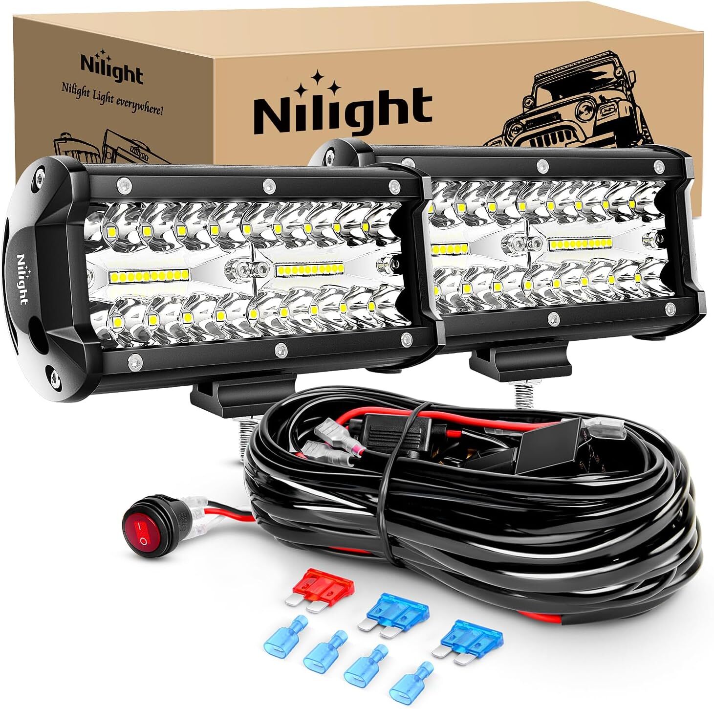 Nilight Side Shooter LED Light Bar 2PCS 7 Inch Triple Row Spot Flood Combo Light
