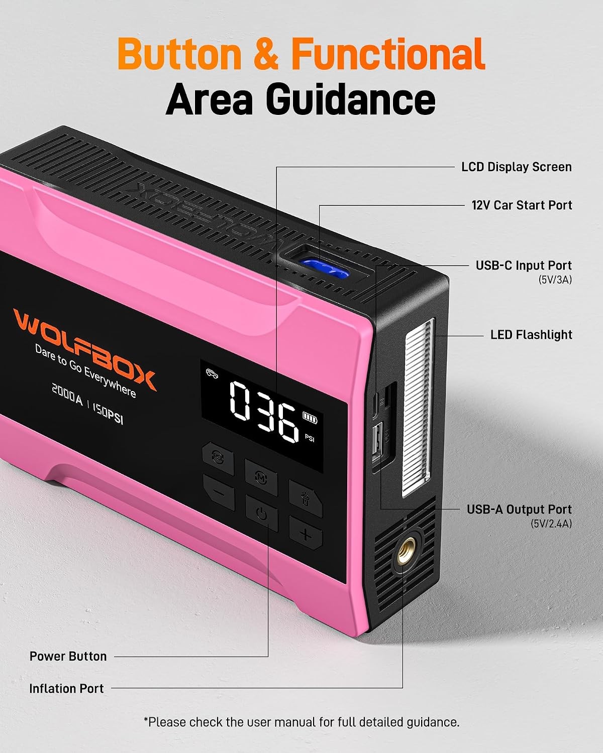 WOLFBOX 2000A Jump Starter With Air Compressor 150PSI 37Wh 12V 5L Gas Hot Pink