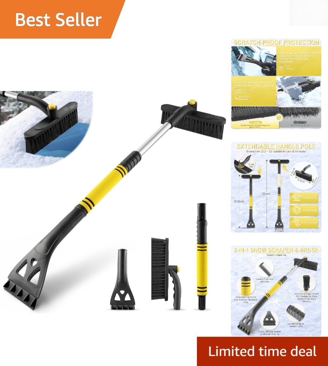 Heavy-Duty 32″ Extendable Ice Scraper & Rotating Snow Brush for Winter Safety