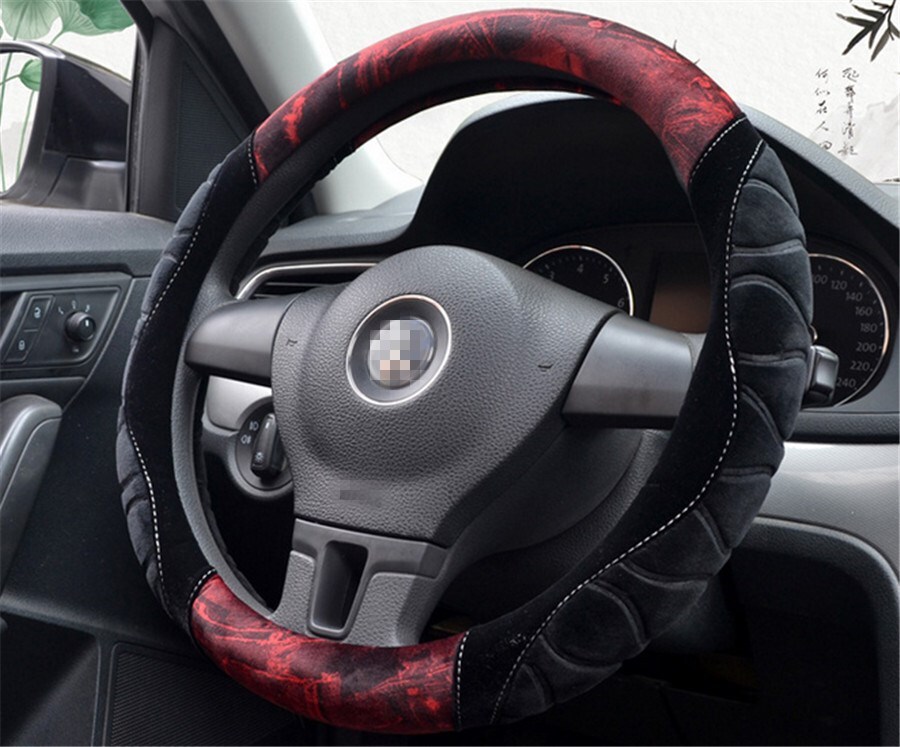 1PC New Black&Gray Short Plush Non-Slip Car 38cm Universal Steering Wheel Cover