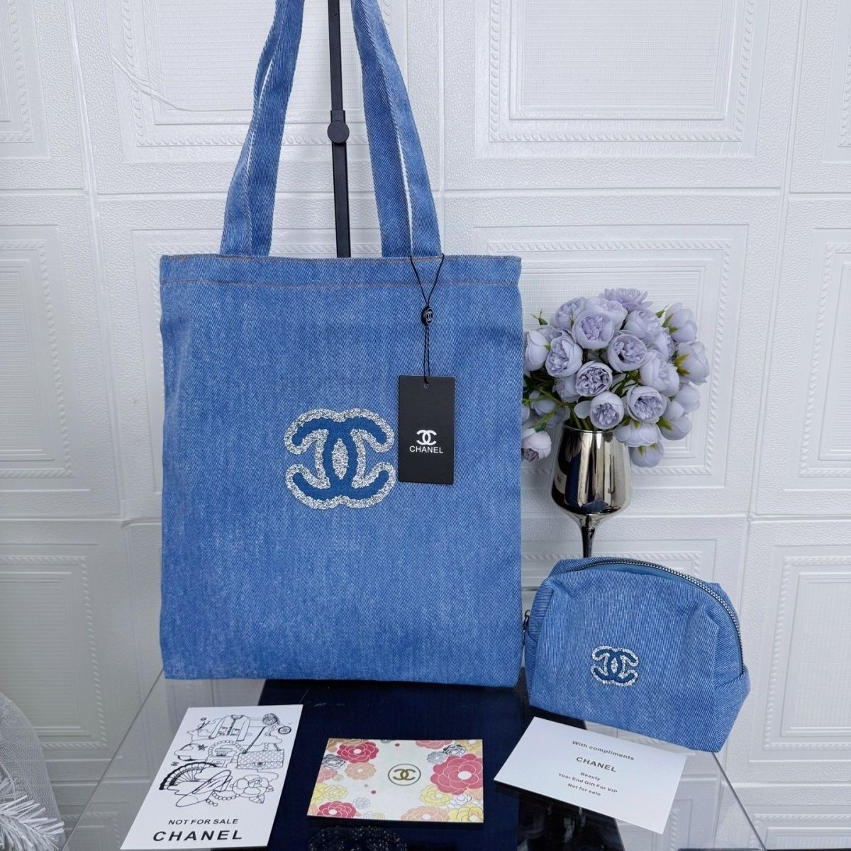 CHANEL Canvas Tote Bag Novelty New Unused Limited Product blue+Makeup bag (2pcs)