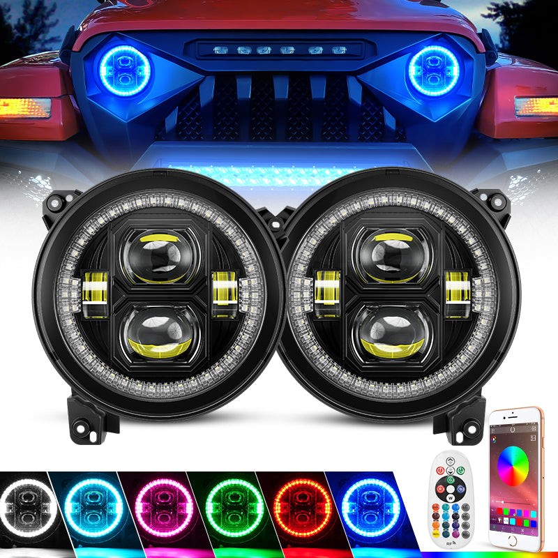9″inch LED RGBW Halo DRL Headlights for Jeep Wrangler JL Gladiator JT 2018-2025