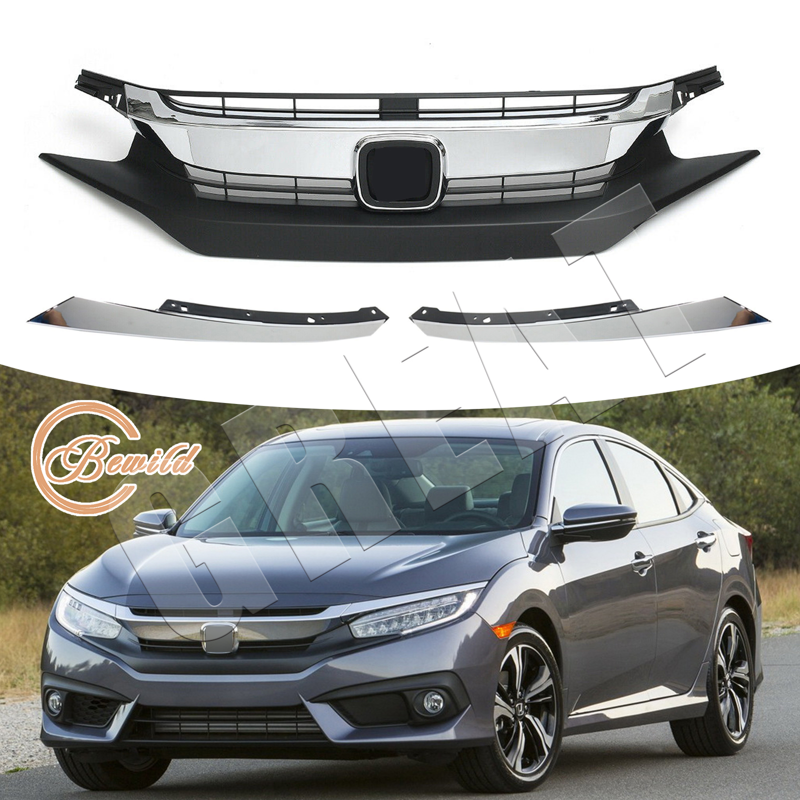 Front Bumper Grille Grill W/Chrome Eyelid Molding For 2016-18 Honda Civic Sedan