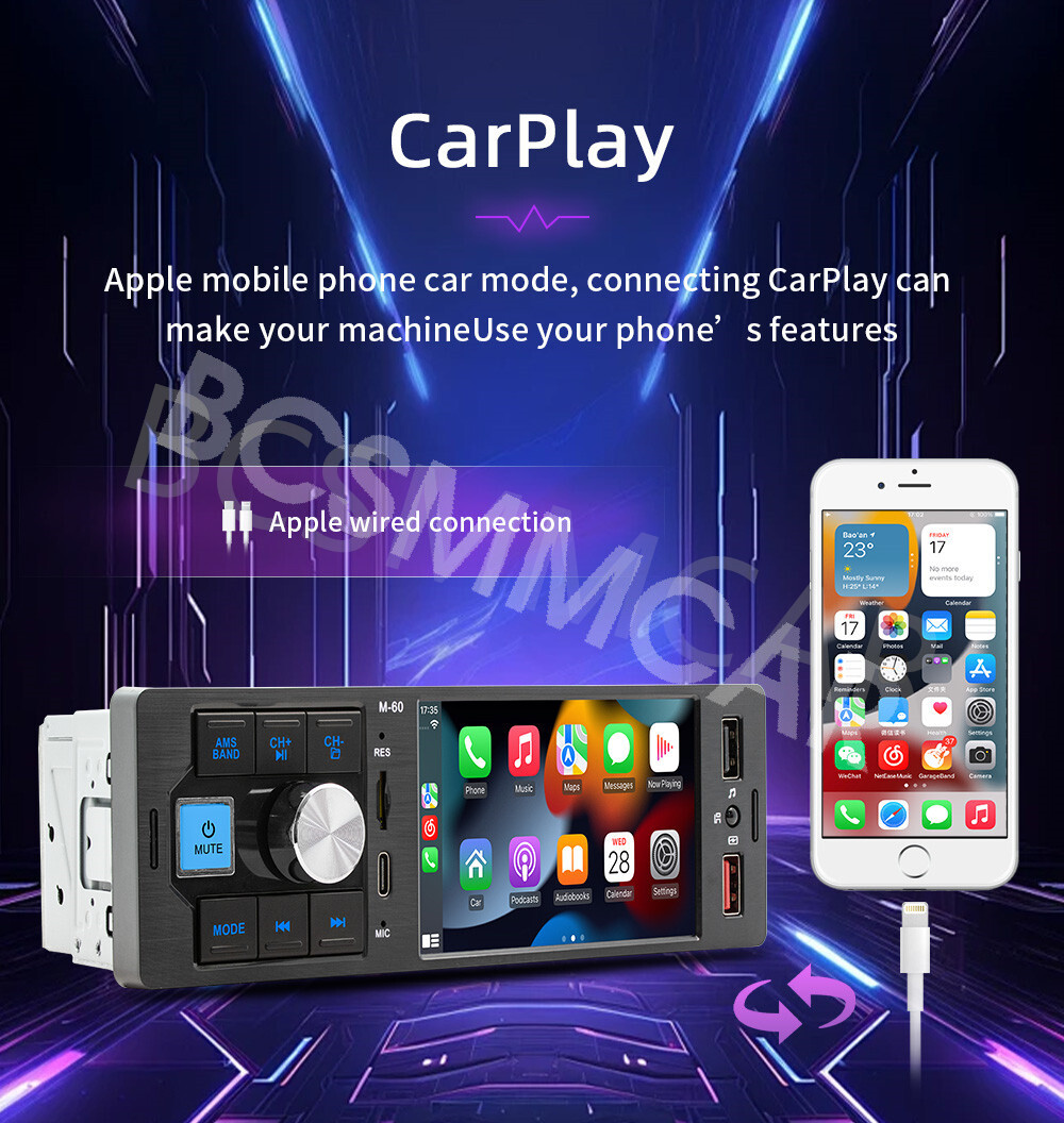 Single Din Car Radio Stereo For Carplay 4.1in MP5 Player Touch Screen Bluetooth