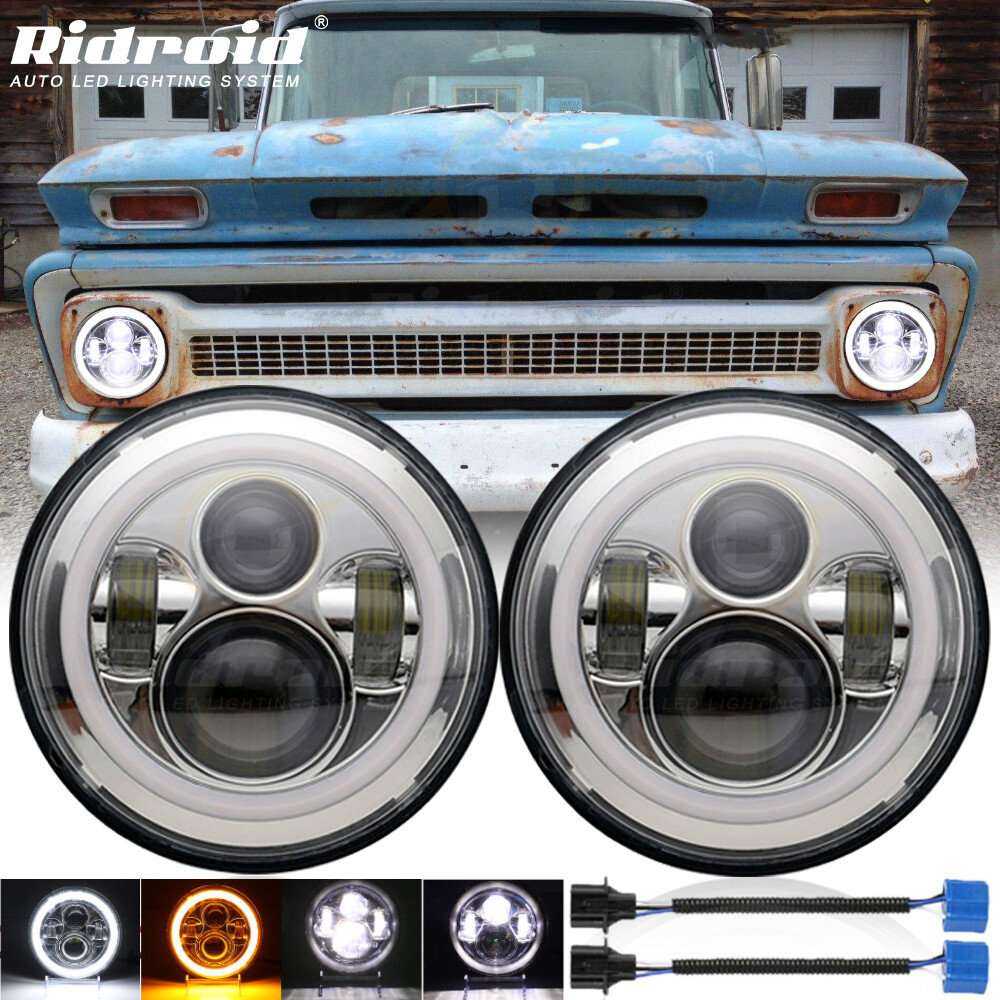 Pair 7″ Inch Round LED Headlights Halo Angel Eyes DRL for Chevy Truck Camaro C10