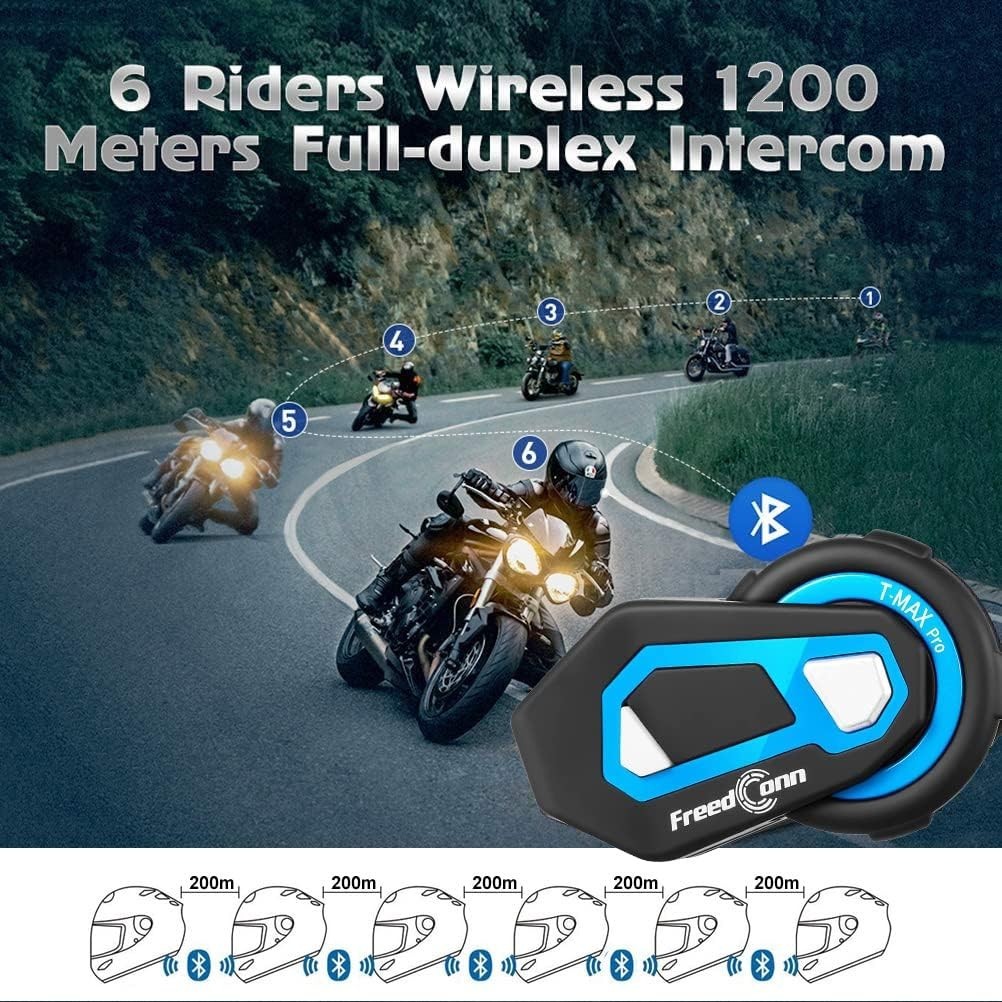 T-Max Pro Motorcycle Bluetooth 5.0 Helmet Mesh 3.0 Intercom 1200m 6 Riders