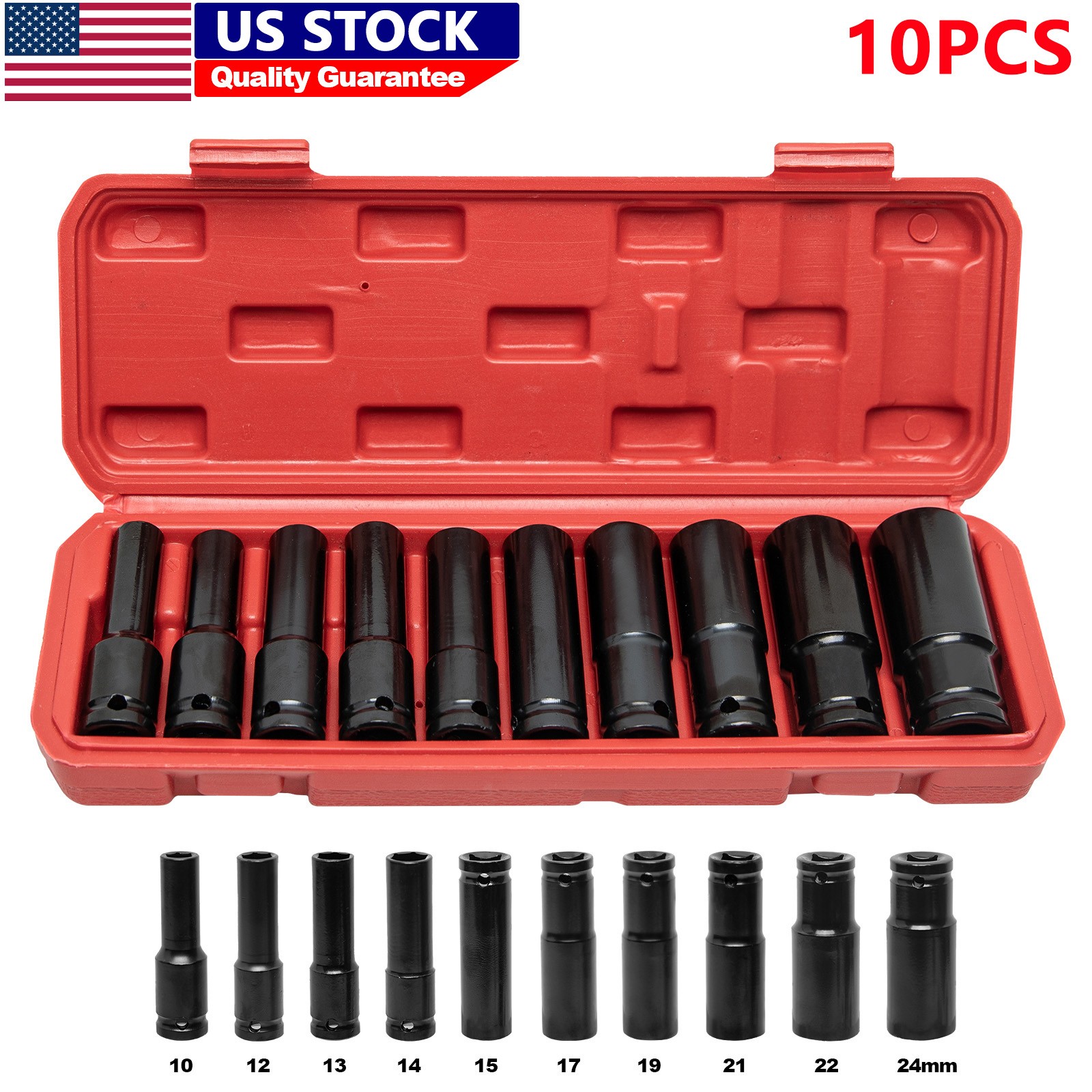 10pcs Metric Deep Impact Socket 1/2″ Drive 10mm-24mm 6 Point Sockets w/ Case Set