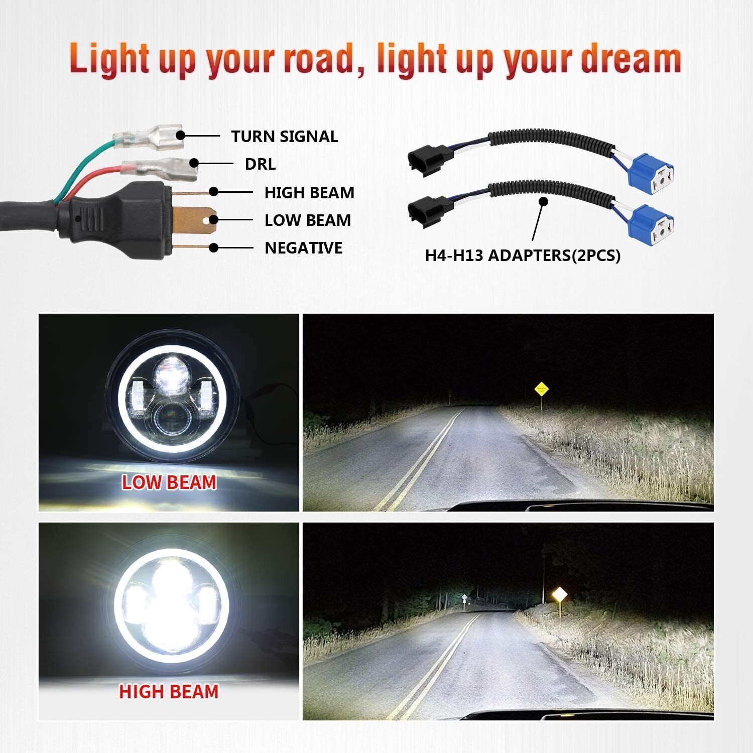 Pairs 7″ Inch Round LED Headlights Halo Angle Eyes For Jeep Wrangler JK LJ TJ CJ