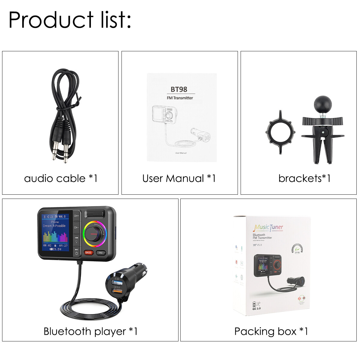 Bluetooth 5.0 Car Wireless FM Transmitter Adapter USB PD Charger AUX Hands LOT