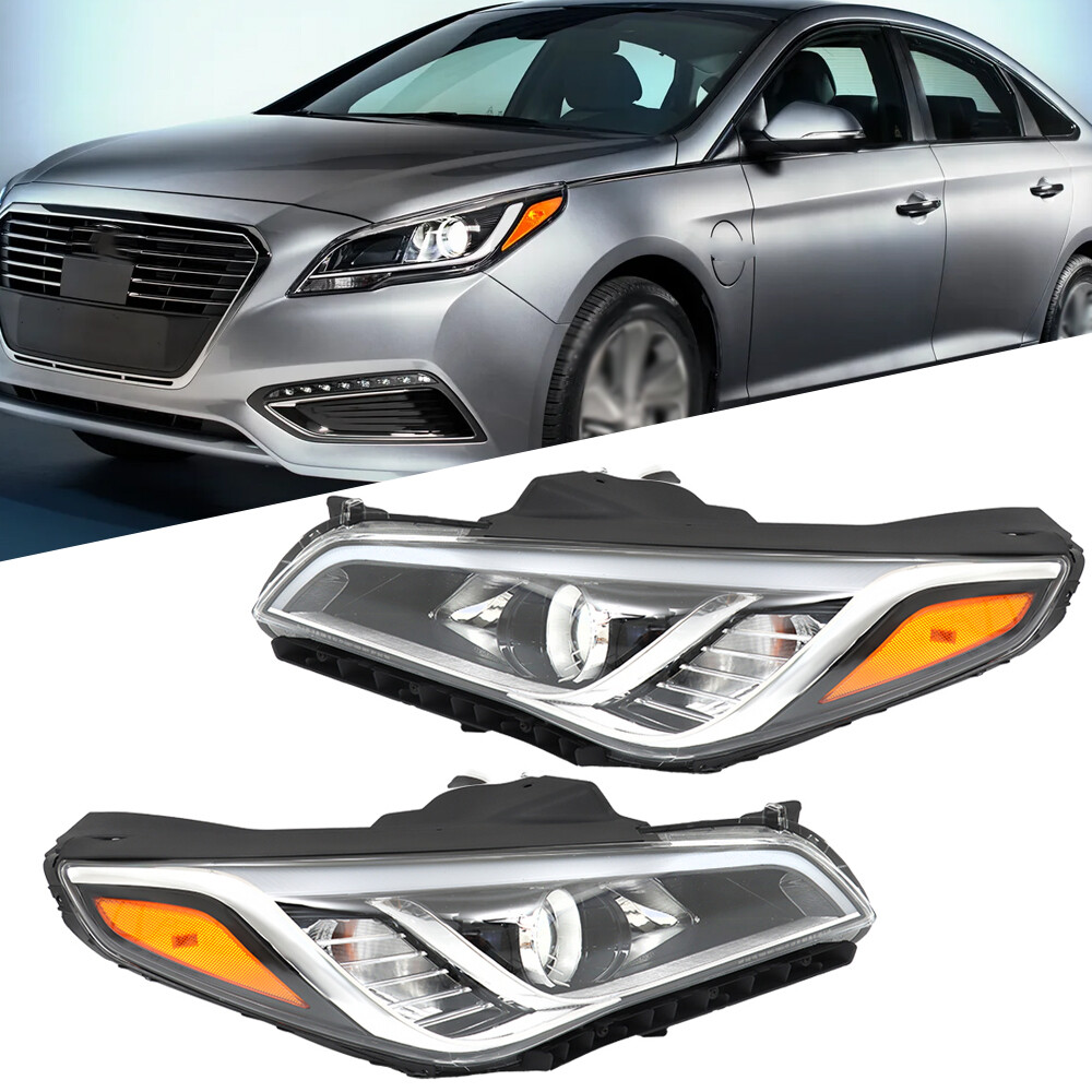 Pair Headlights Assembly Black For 2015-2017 Hyundai Sonata Halogen Clear Lens