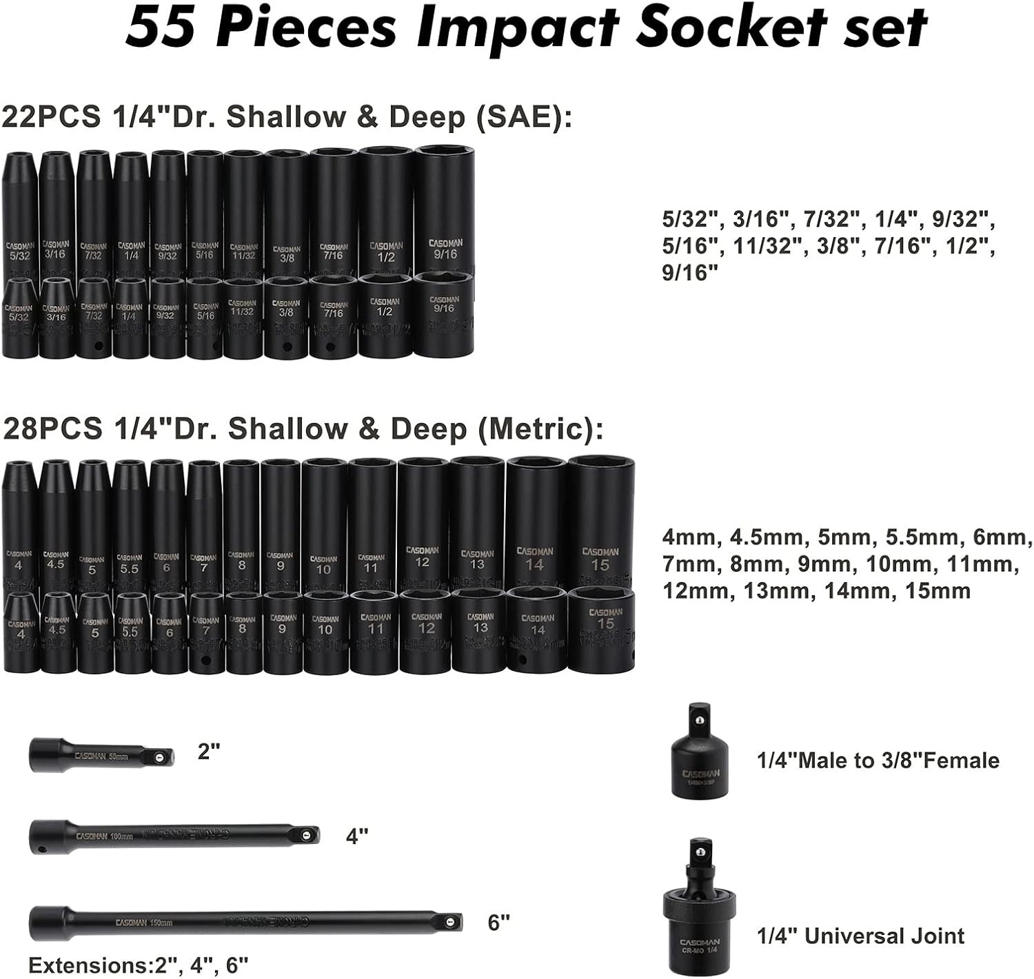 55PCS 1/4-Inch Drive Impact Socket Set, Shallow & Deep, 5/32 Inch – 9/16 Inch, 4