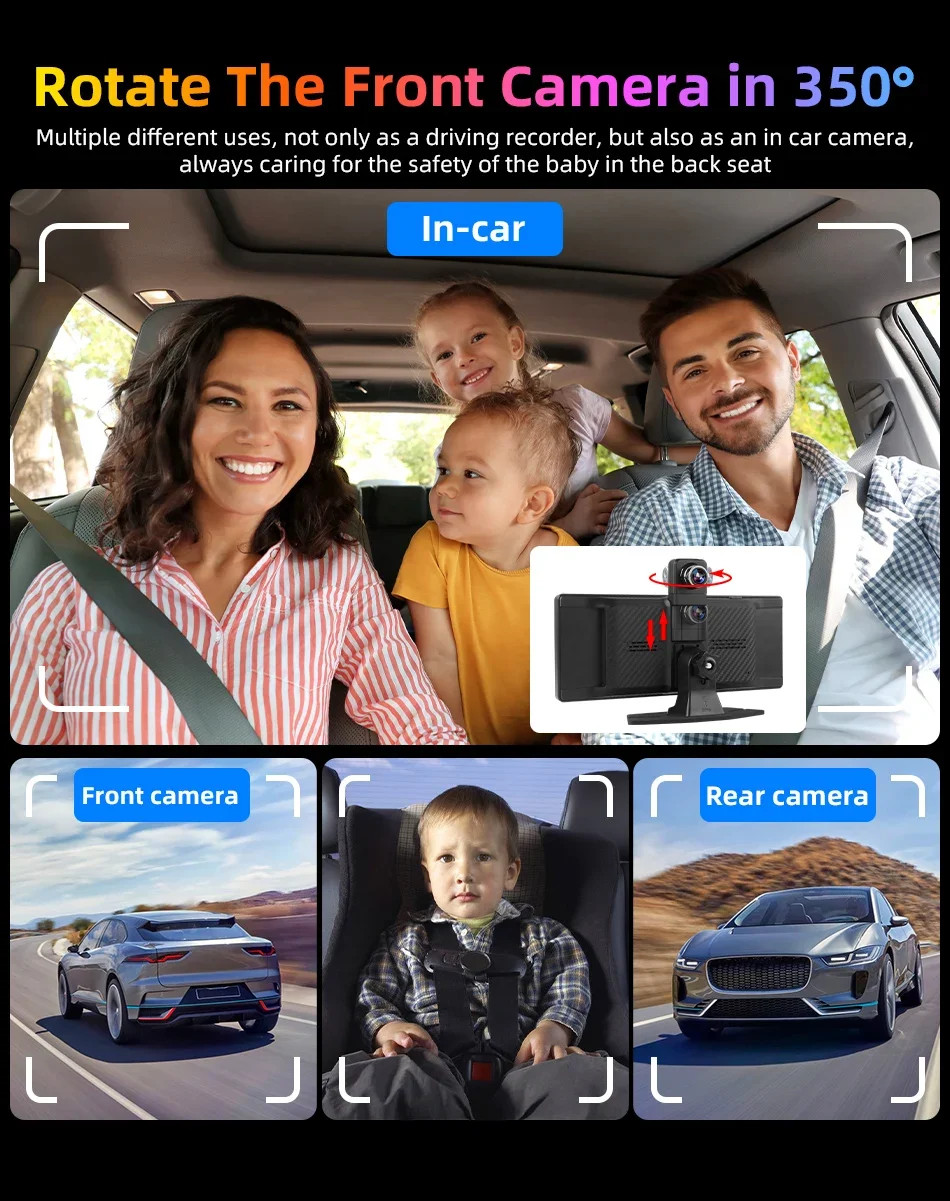 7″/10.26″ 4K Dash Cam Wireless Android Auto 350° Rotating Lens Car DVR GPS