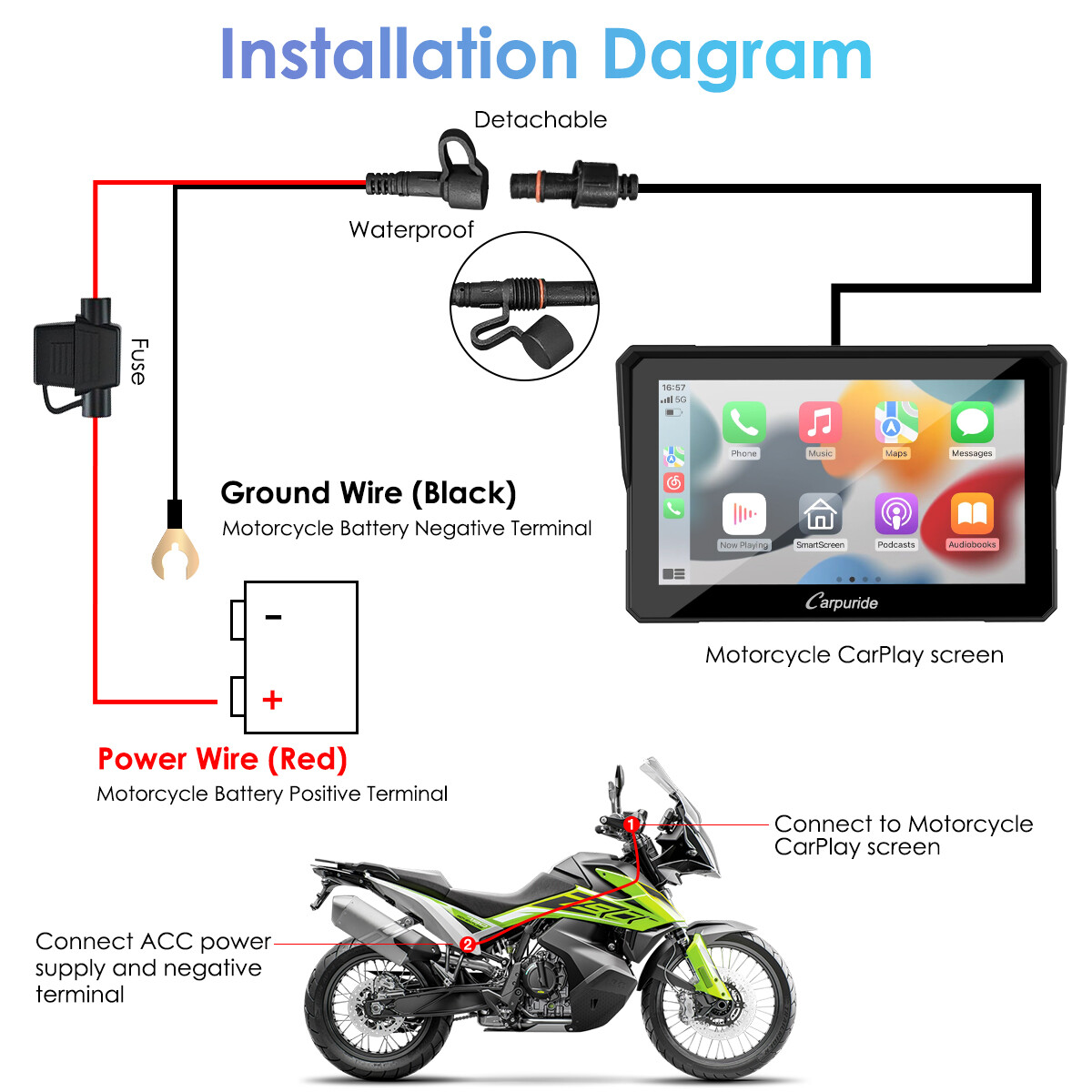 Carpuride Motorcycle Stereo Bluetooth Radio Wireless Apple CarPlay Android Auto
