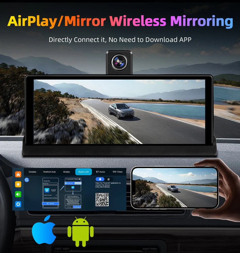 7″/10.26″ 4K ADAS Dash Cam Wireless Carplay Android Auto Car DVR GPS Navigation