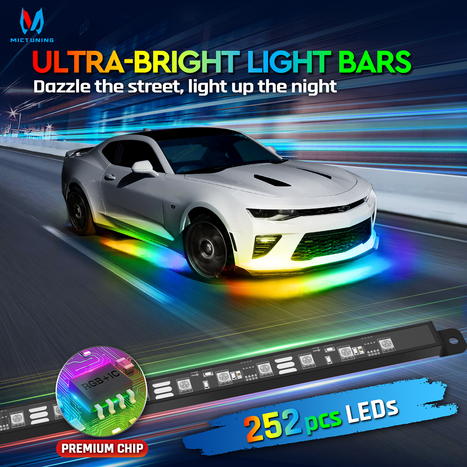 MICTUNING Wireless Car Underglow Led Light Bar Chasing Color, RGB+IC LED Lights