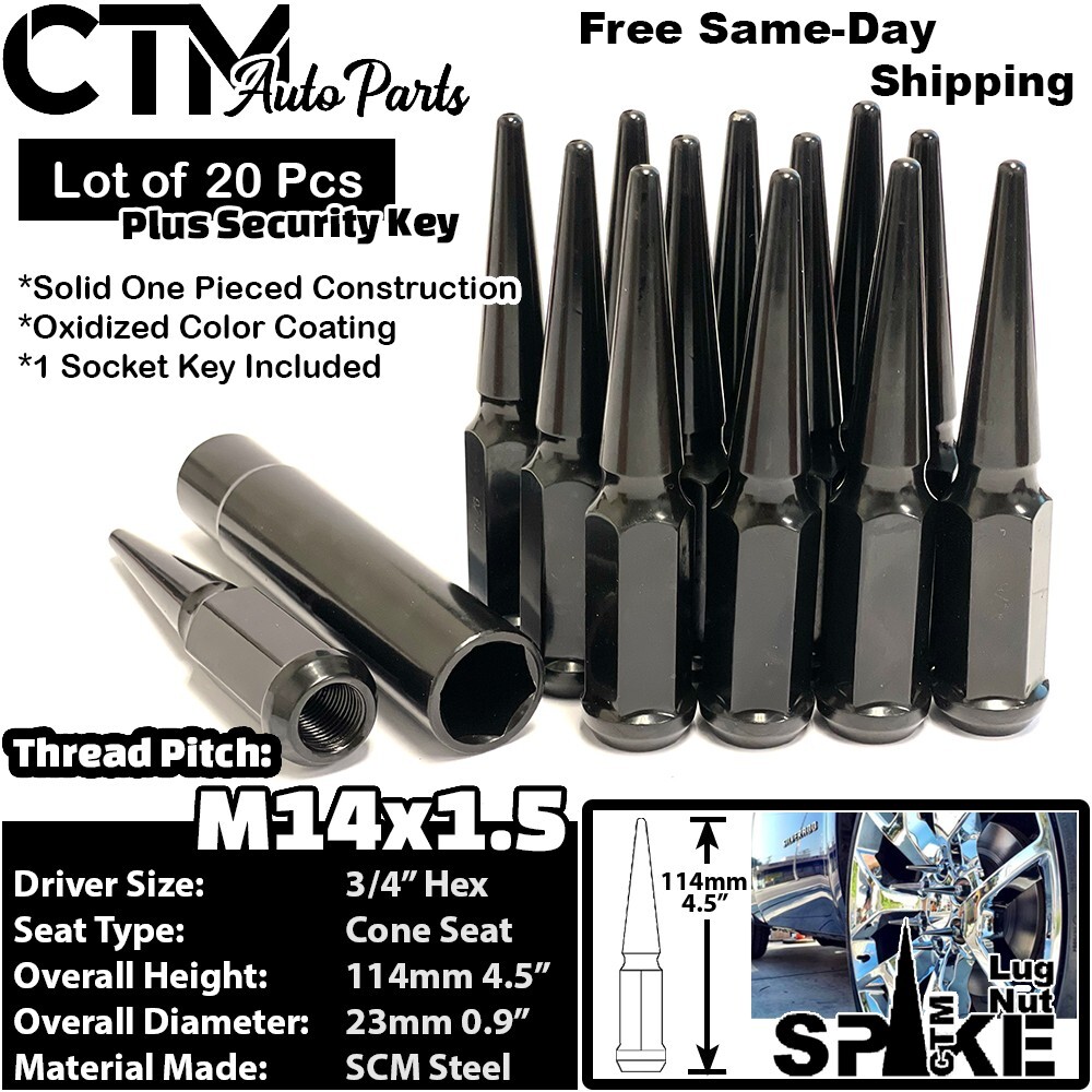 20x 4.5″ Tall 14×1.5 Black Spike Lug Nut + Key Fit Dodge Chrysler Jeep Ram