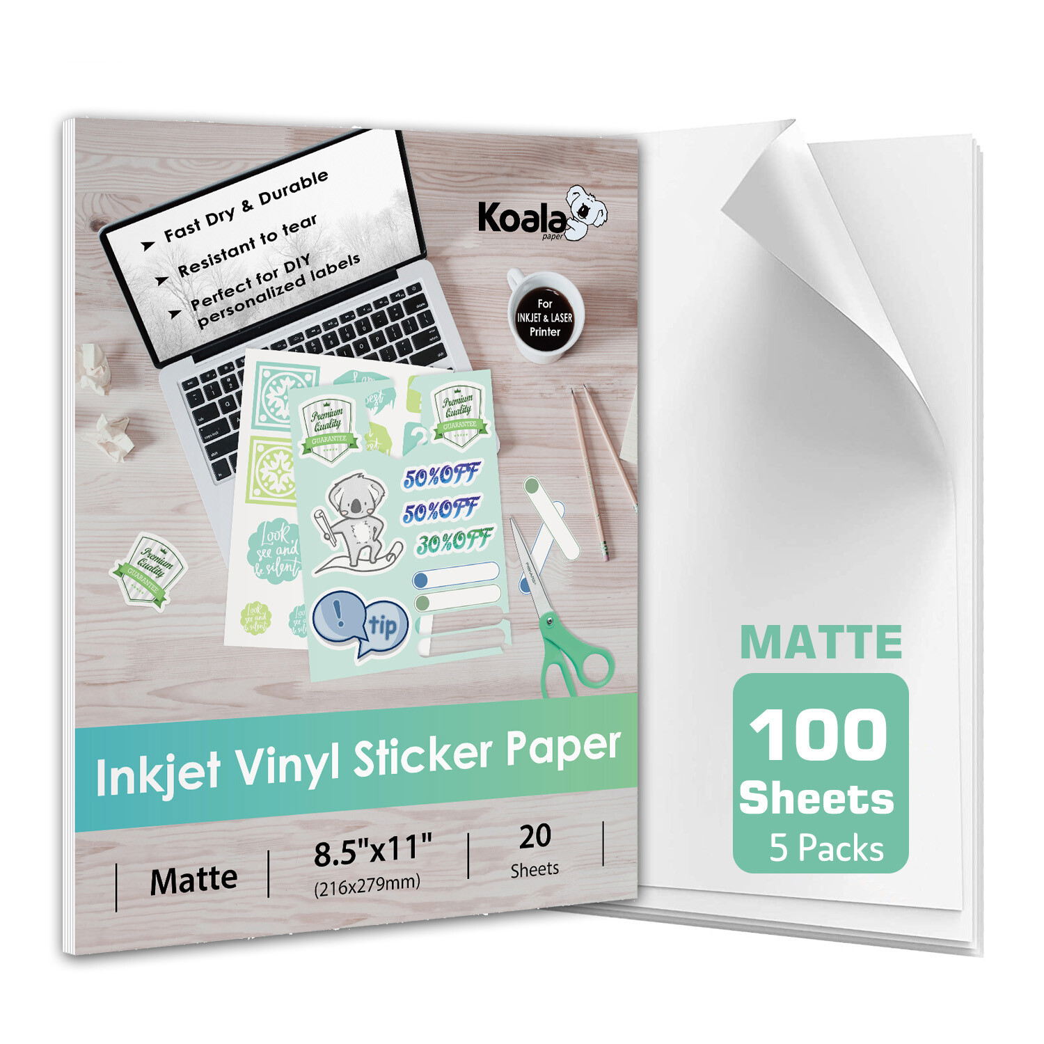 100 Bulk Koala Printable Vinyl Sticker Paper Waterproof Matt White Inkjet Cricut