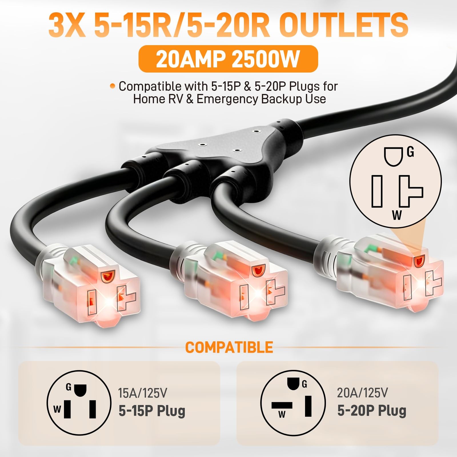 30Amp to 110V Generator Adapter Cord Power Splitter L5-30P To 5-15R/20R For RV