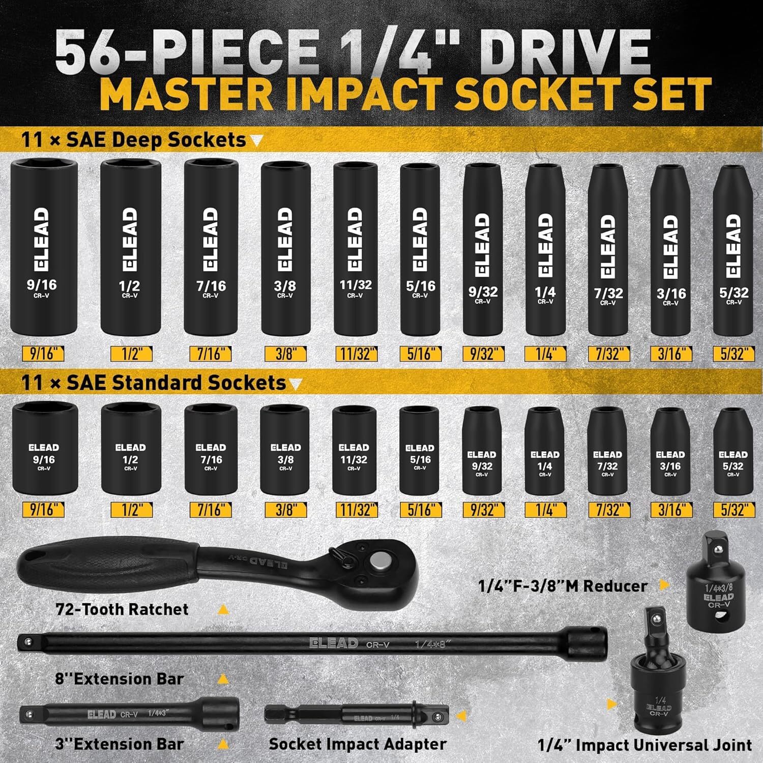1/4″ Drive Impact Socket Set 56-Piece Standard SAE and Metric Size 6 Point Cr-V
