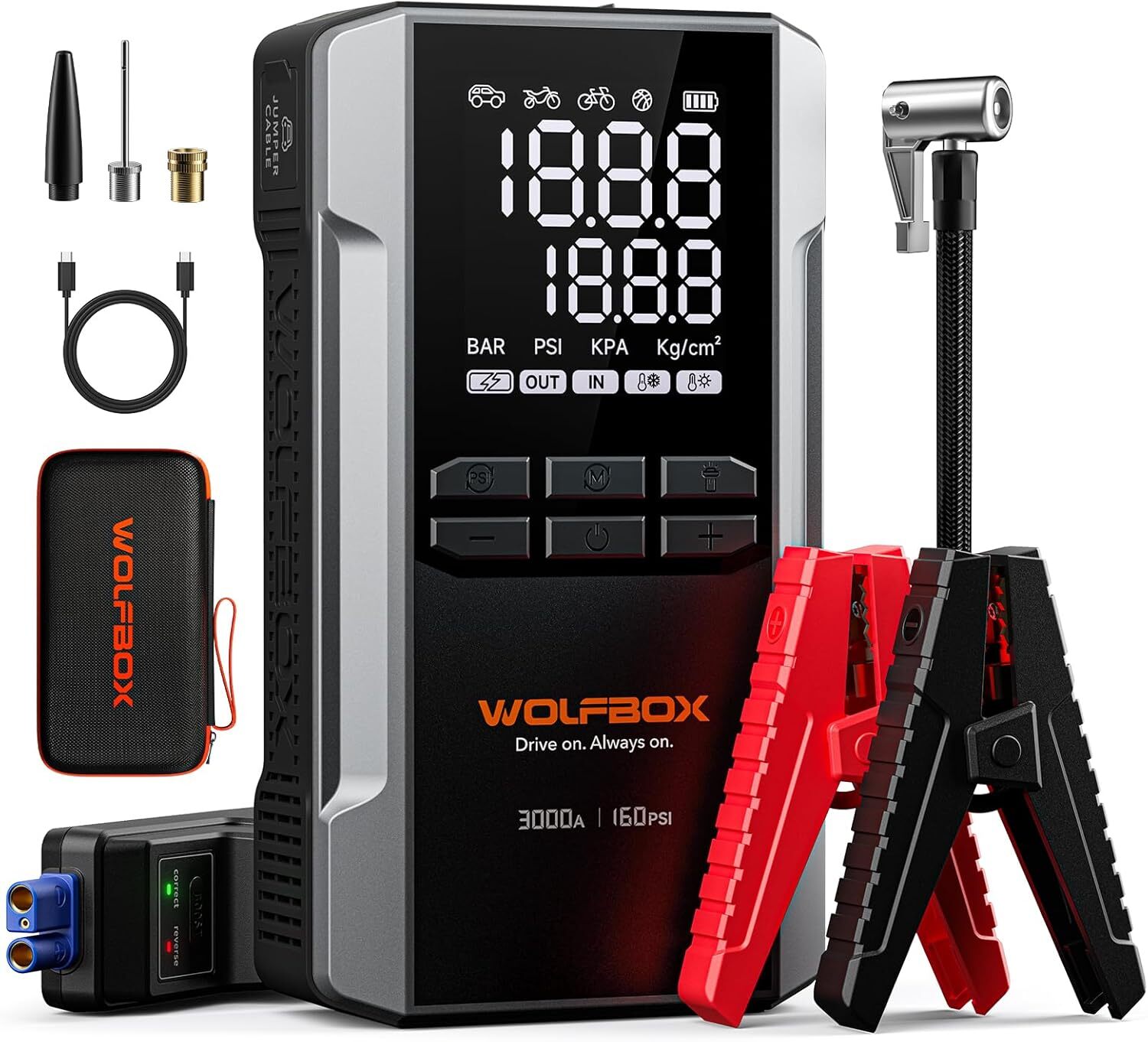 WOLFBOX Jump Starter with Air Compressor, 3000A Portable Car Battery Booster