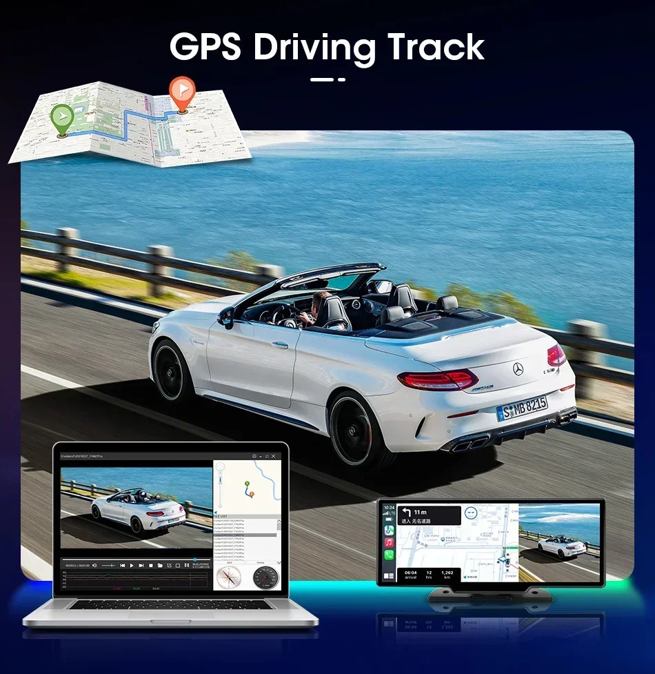 10.26 inch Dash Cam 4K Car DVR Wireless Carplay Android Auto GPS Navigation
