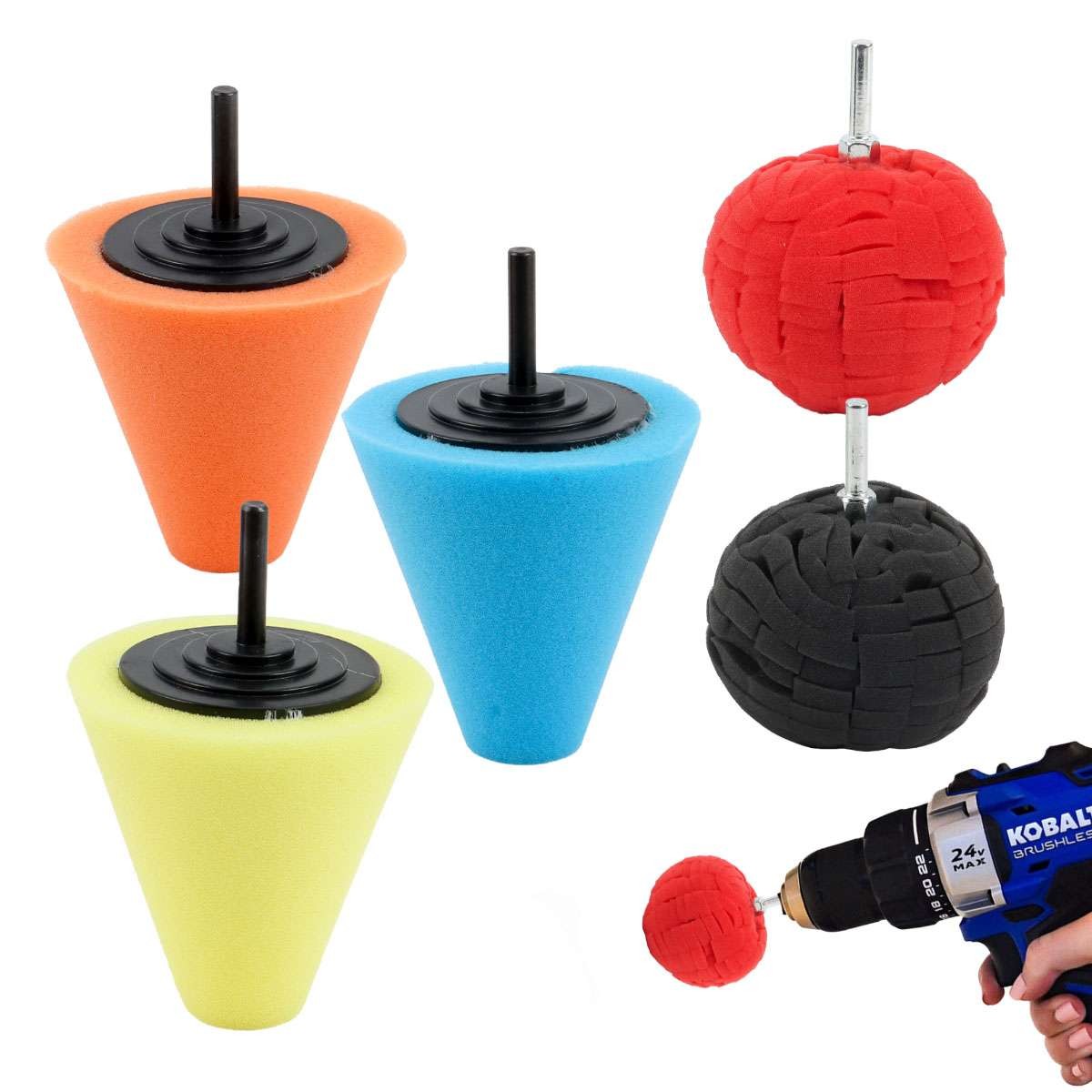 Foam Drill Polishing Cone Ball Pads Kit Car Hub Waxing Buffing Wheel Polisher 4″