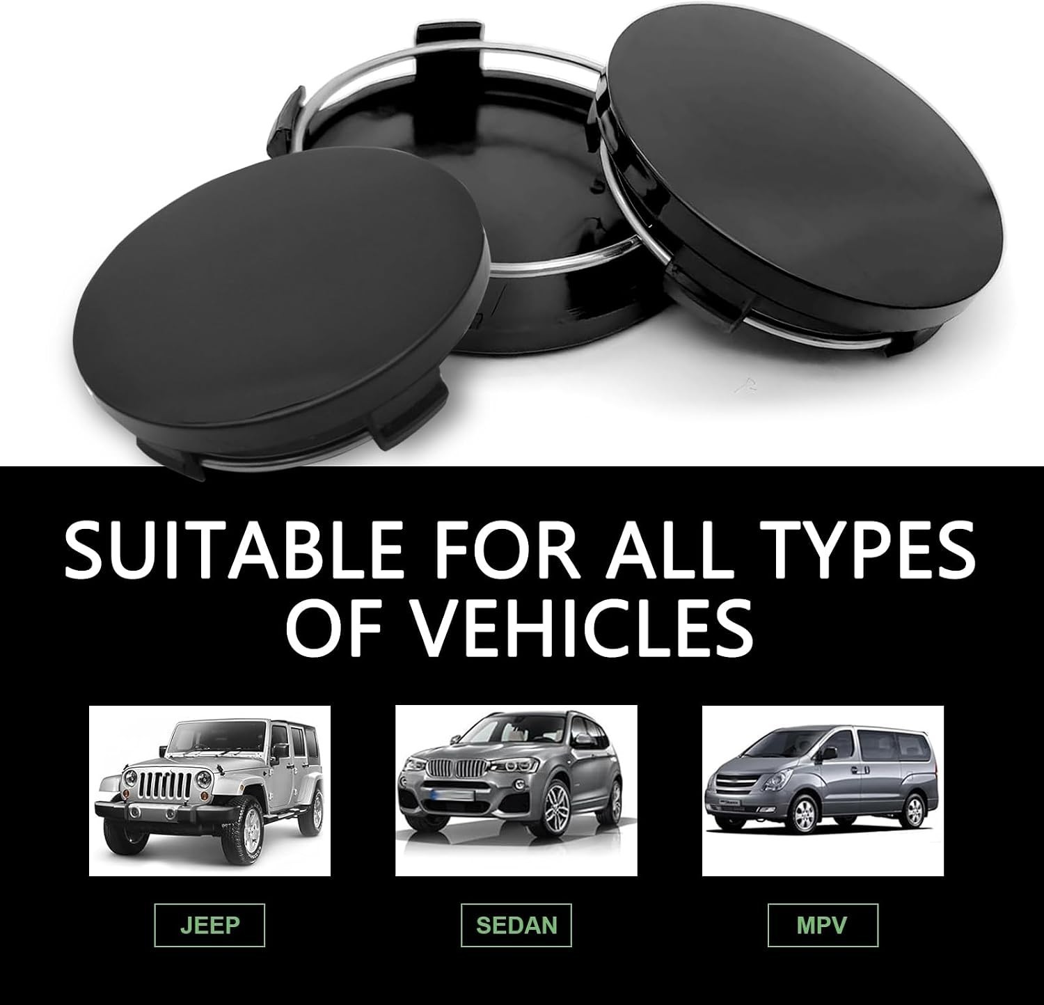 60MM Black Car Wheel Center Caps – 4PCS of Rustproof Hub Covers for All Vehicles