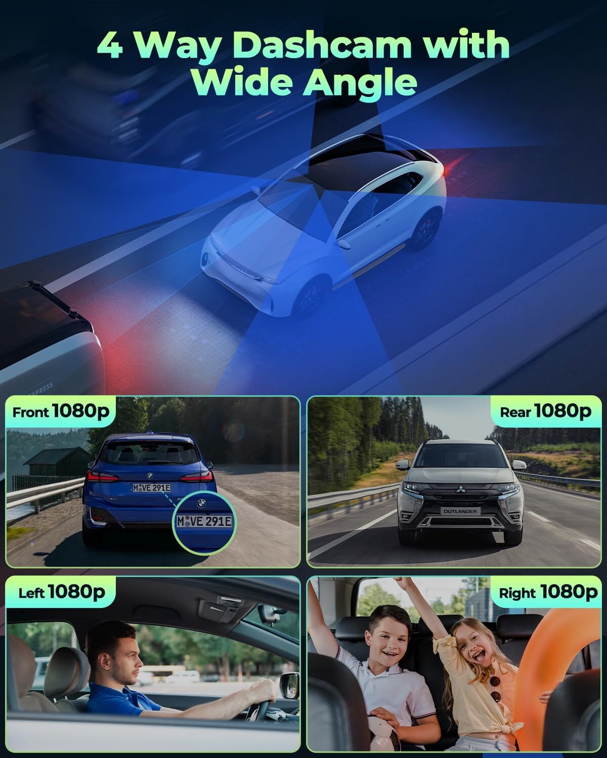 Dash Cam 4 Channel 360° Front Rear Inside DashCam, FHD 1080P Car Camera 128GB