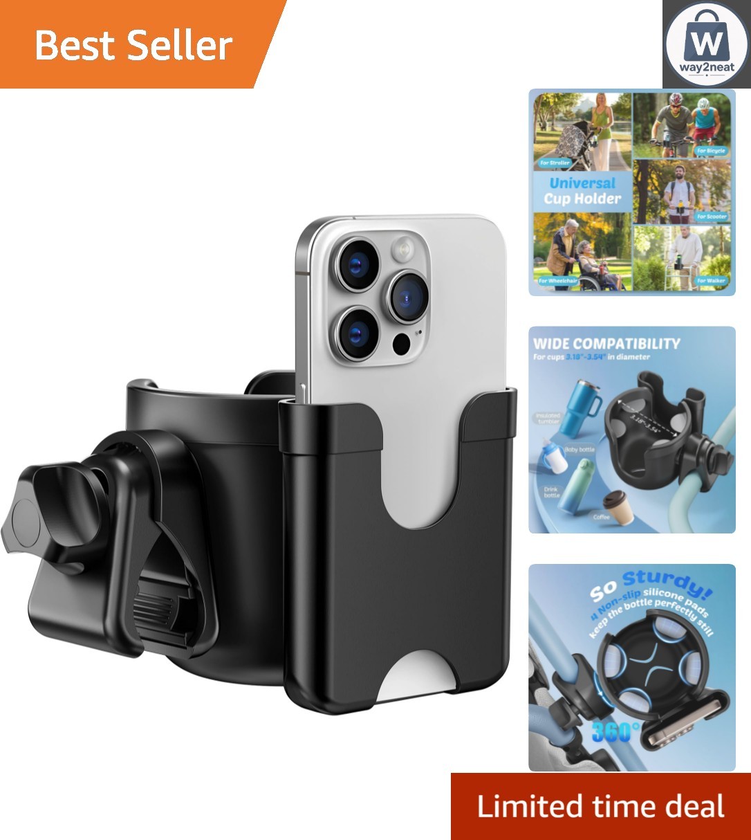 Stroller Cup Holder with Phone Attachment – Durable & Tool-Free Installation