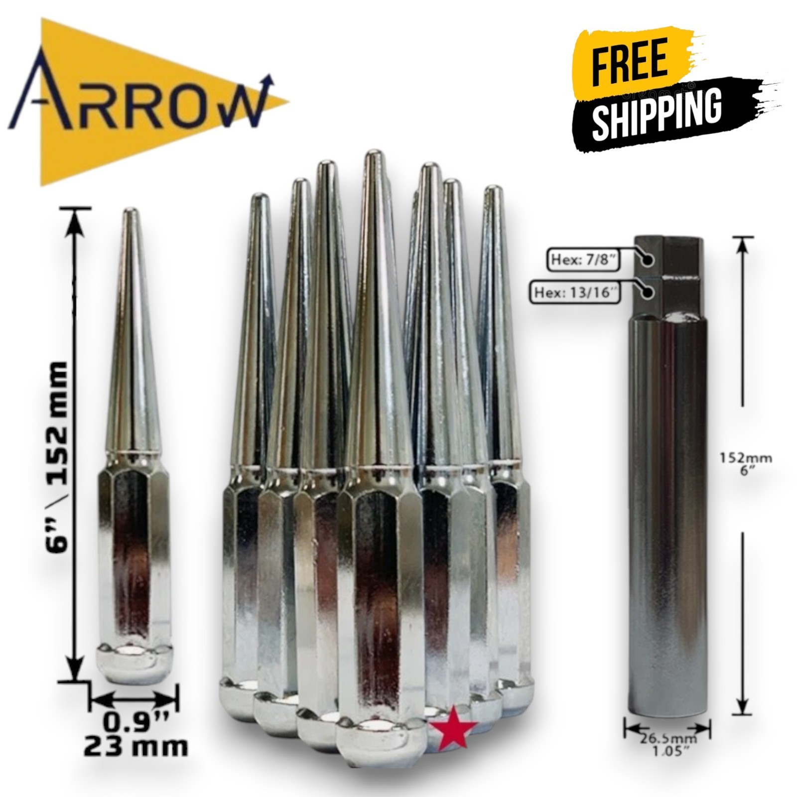 32Pcs CHROME 6″TALL M14x1.5 XL SPIKE LUG NUT+KEY FIT: CHEVY SILVERADO 8LUG TRUCK