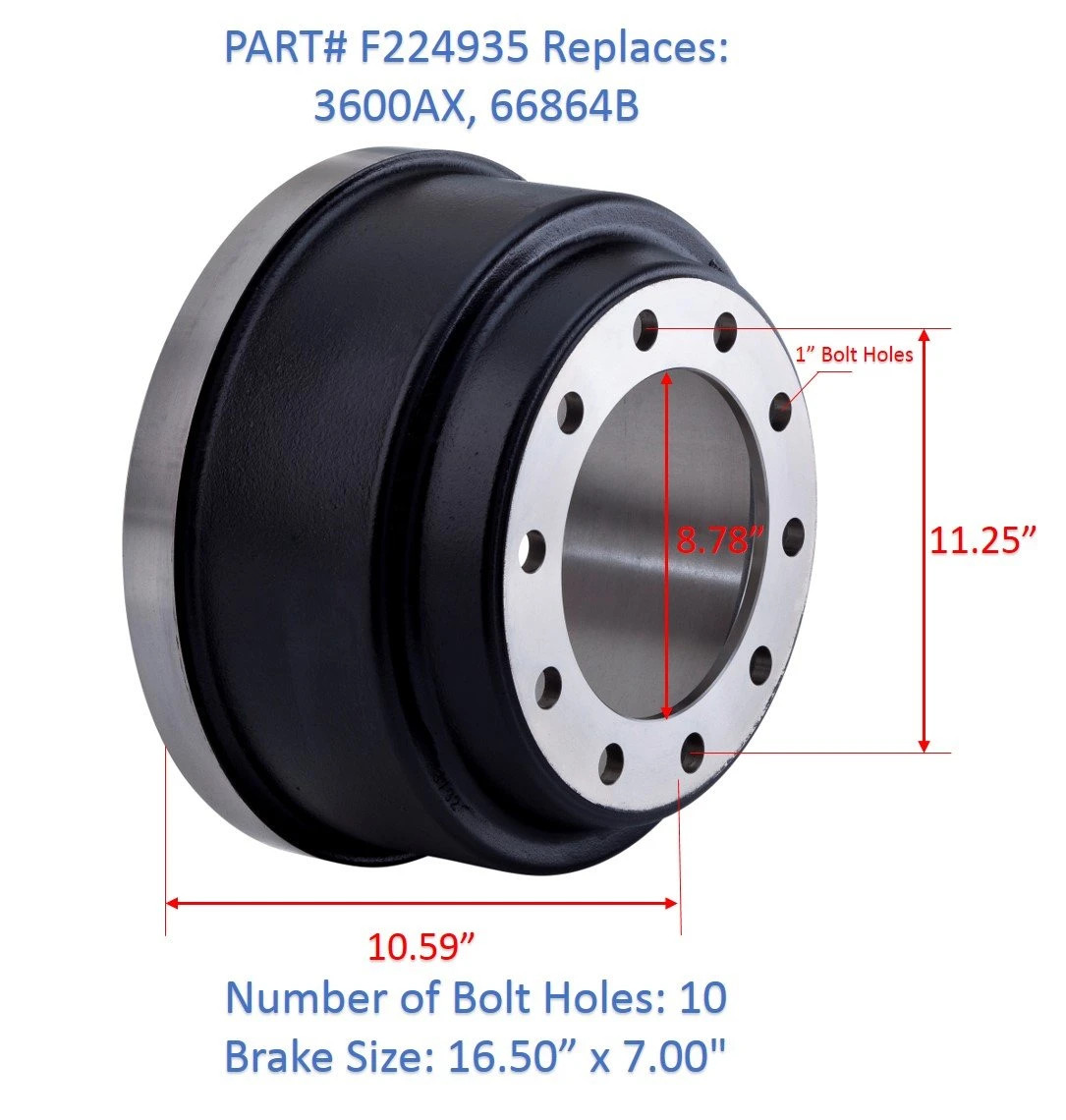Fortpro 3600AX Brake Drum Balanced for Brake Size 16.5” X 7” – 3600A, 66864B, 39
