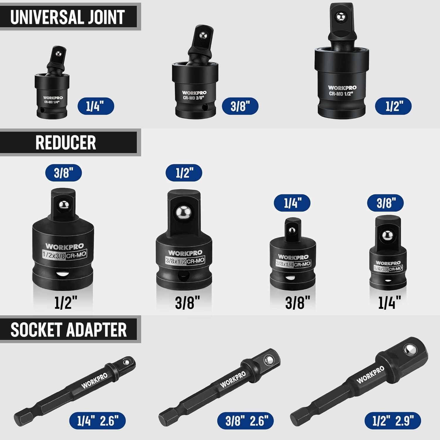 WORKPRO 10 Pieces Impact Socket Adapter Set with a Heavy-Duty Case Black NEW