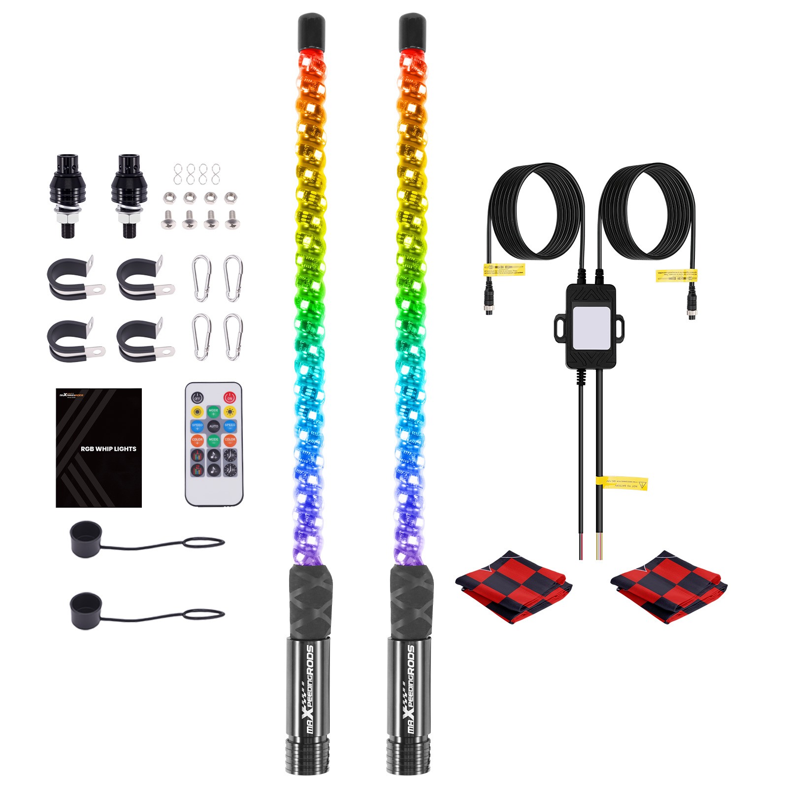 2x 2FT RGB LED Whip Chasing Antenas Lights Spiral w/Flag For ATV Polaris RZR UTV
