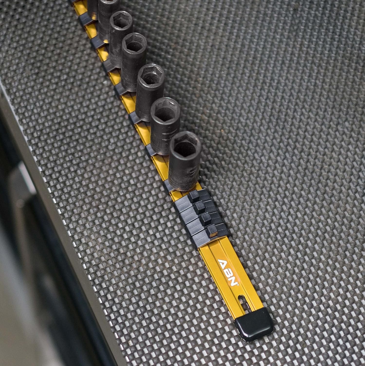 Effortless Tool Organization: Yellow Aluminum Socket Holder with 16 Secure Clips