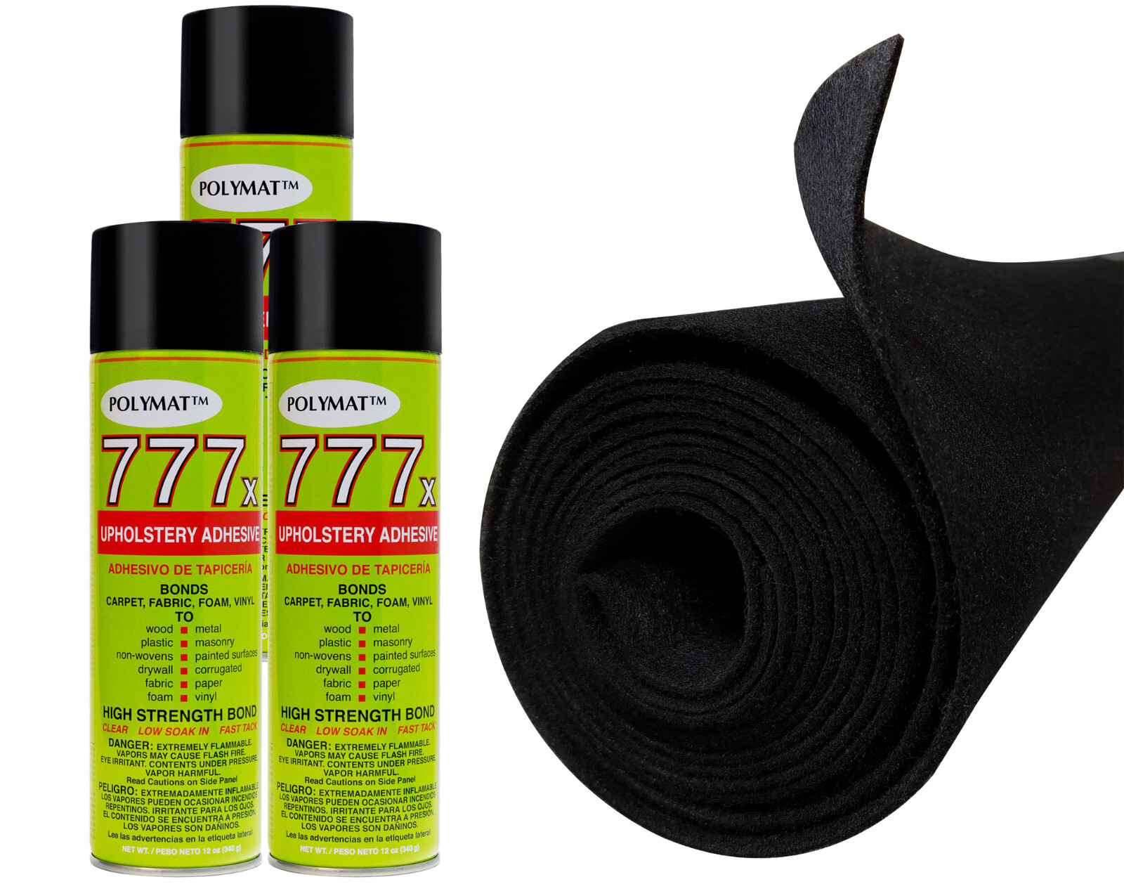 12FT x 3.75FT BLACK Carpet ROLL + 3 CANS 777 Glue FOR Polymat S35 Latex backed
