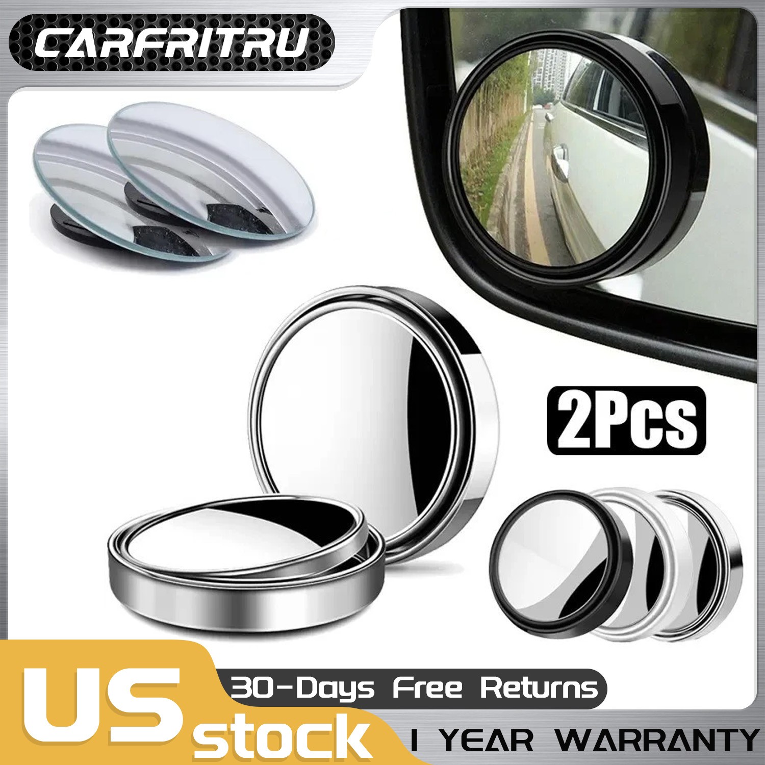 2PCS 360° Side Blind Spot Mirrors Round HD Glass Convex Rear View Mirror for Car