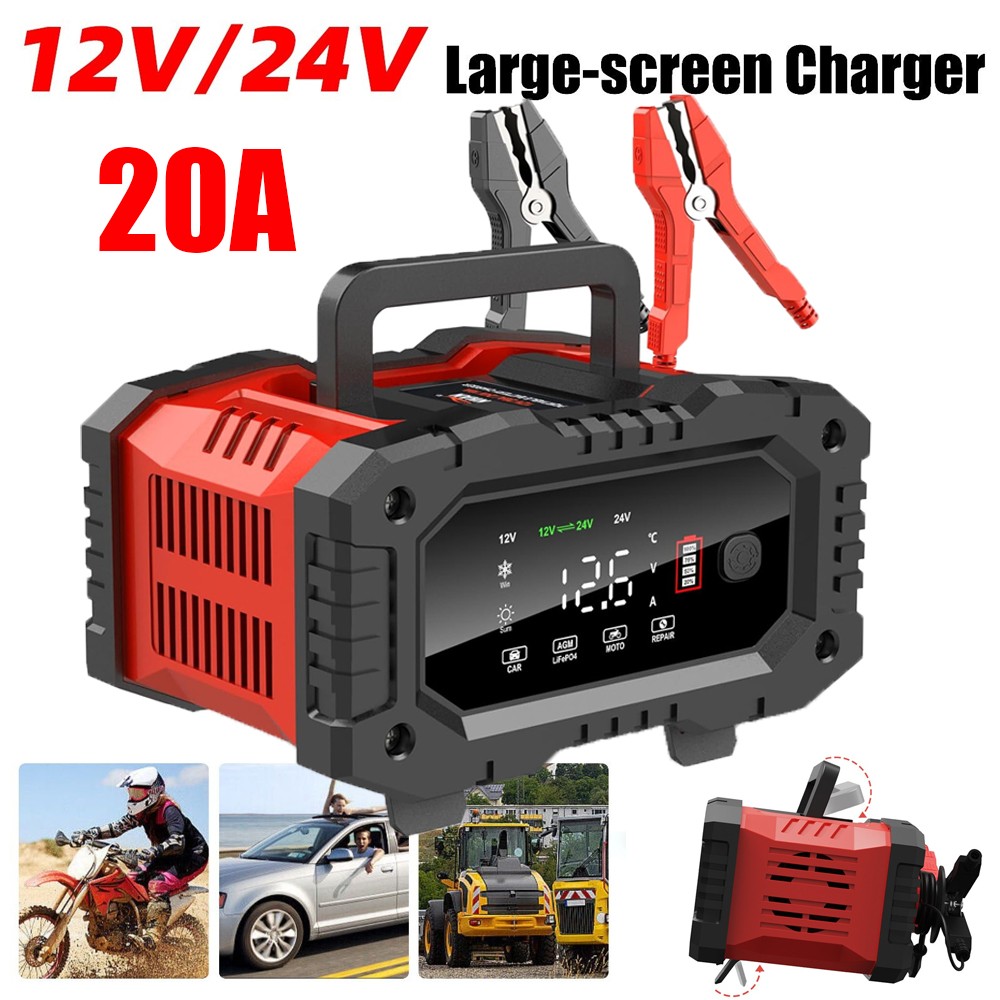 20-Amp Smart Car Battery Charger, 12V/20A 24V/20A.Lithium,Lifepo4, Lead-Acid AGM