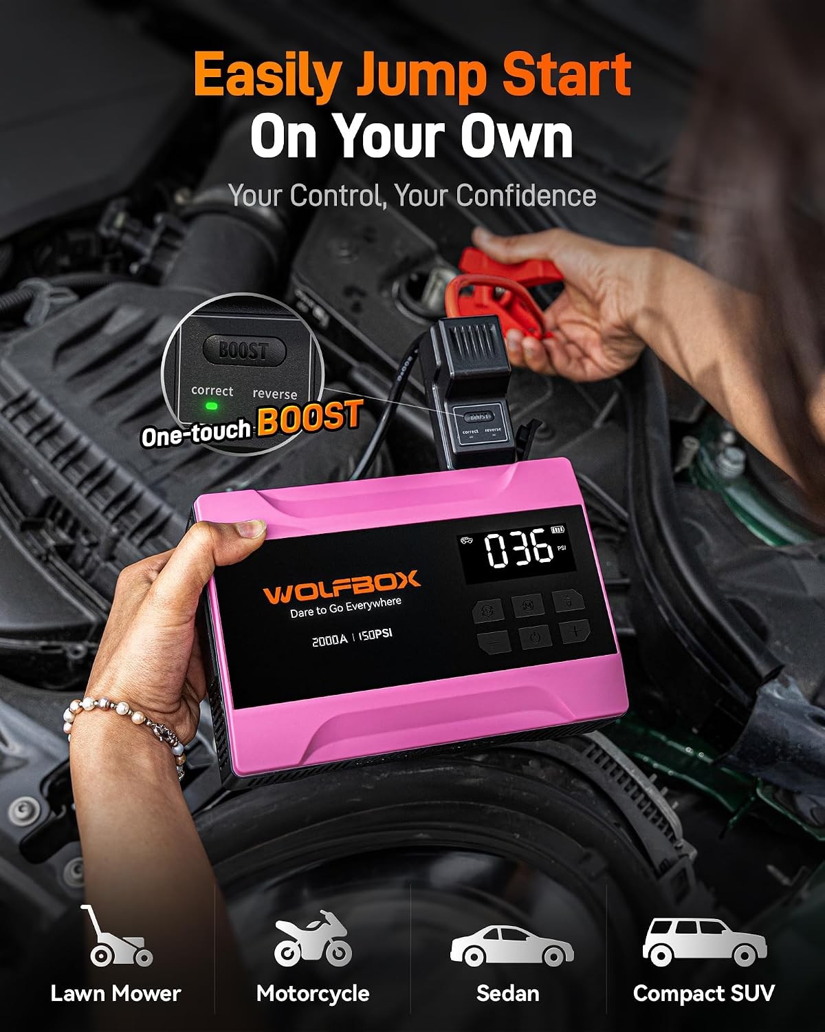 WOLFBOX 2000A Jump Starter With Air Compressor 150PSI 37Wh 12V 5L Gas Hot Pink