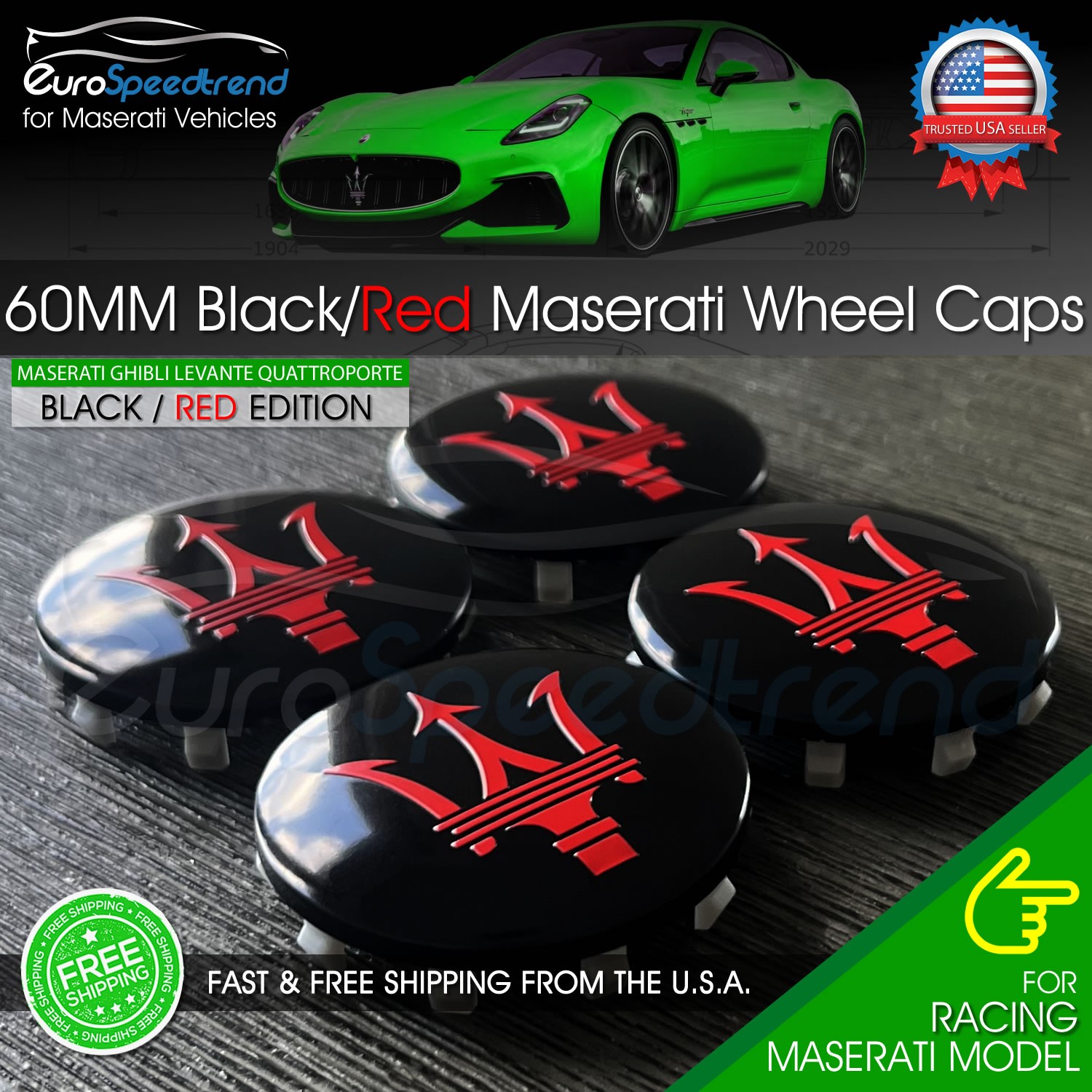 Maserati Black Red Wheel Center Cap 60mm Ghibli GTS Levante Quattroporte 4PCS OE