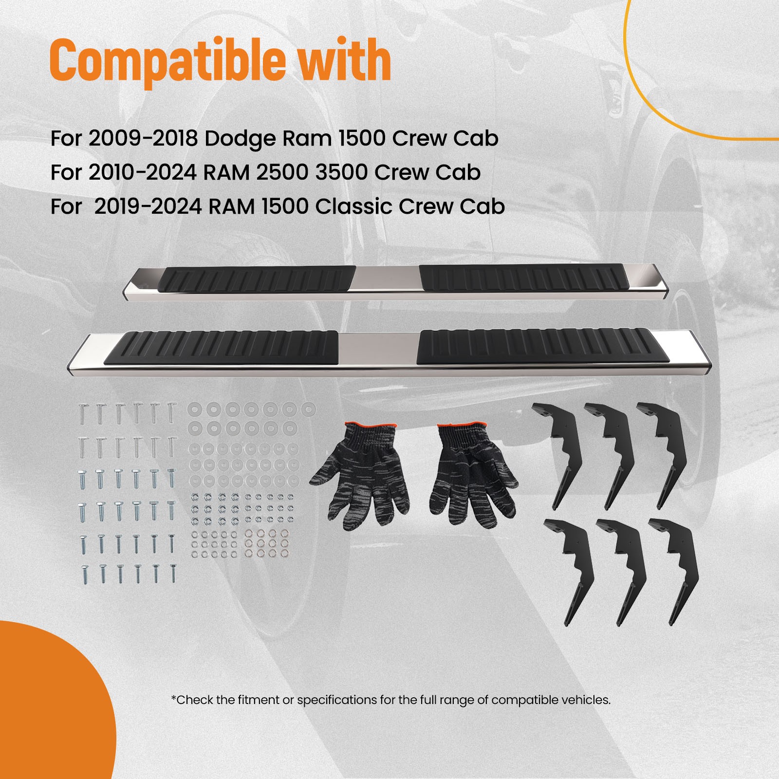 Side Steps Running Boards for RAM 2500 3500 Crew Cab 2010-2024 Steel ABS Black
