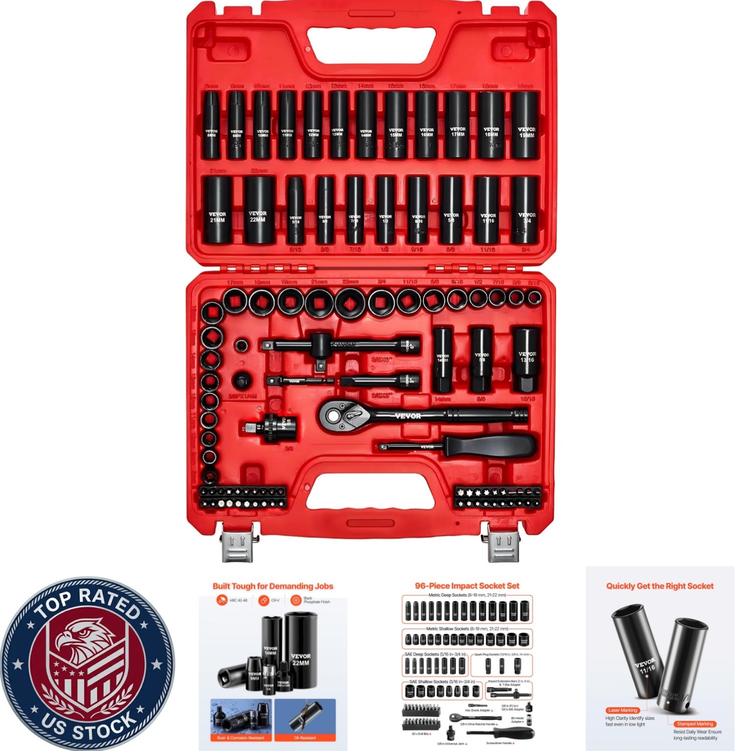 Efficient 96-Piece Ratchet Socket Set in Durable CR-V Case for Mechanics