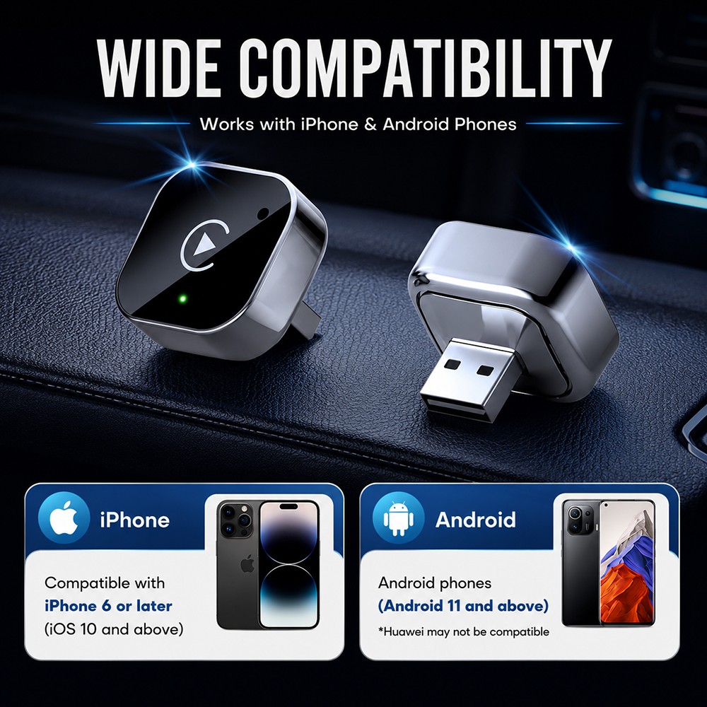 2-in-1 Wired to Wireless CarPlay & Android Auto Adapter USB Dongle Plug & Play