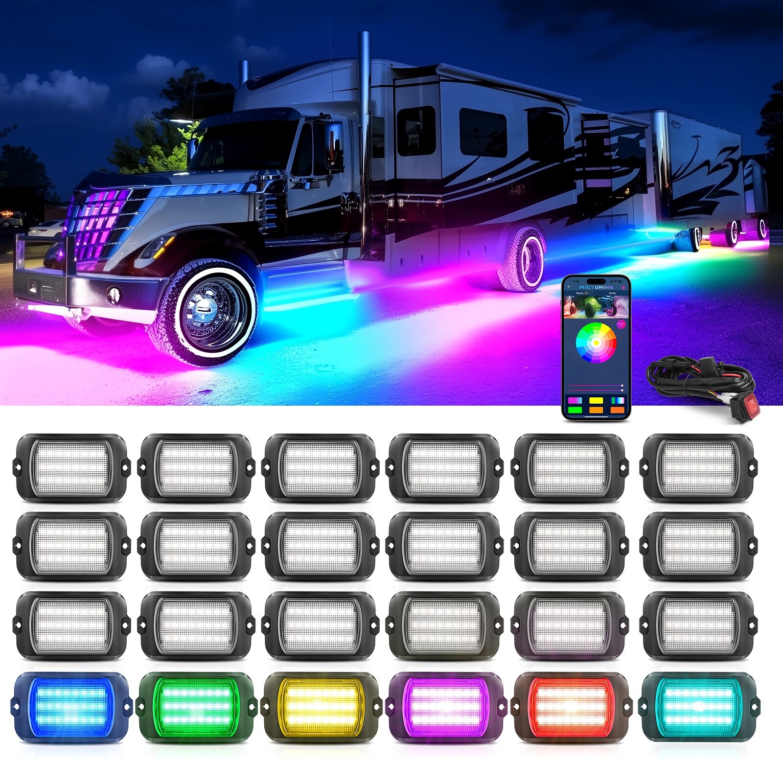24 Pods RGB+IC Rock Lights Dream Color Bluetooh Music Mode Underglow Noen Kits